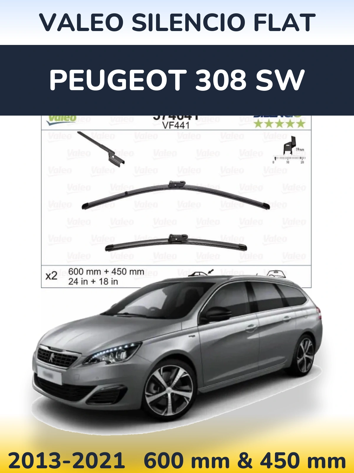 Sada předních stěračů Valeo Silencio Flat 600 a 450 mm pro Peugeot 308 SW 2013-2021