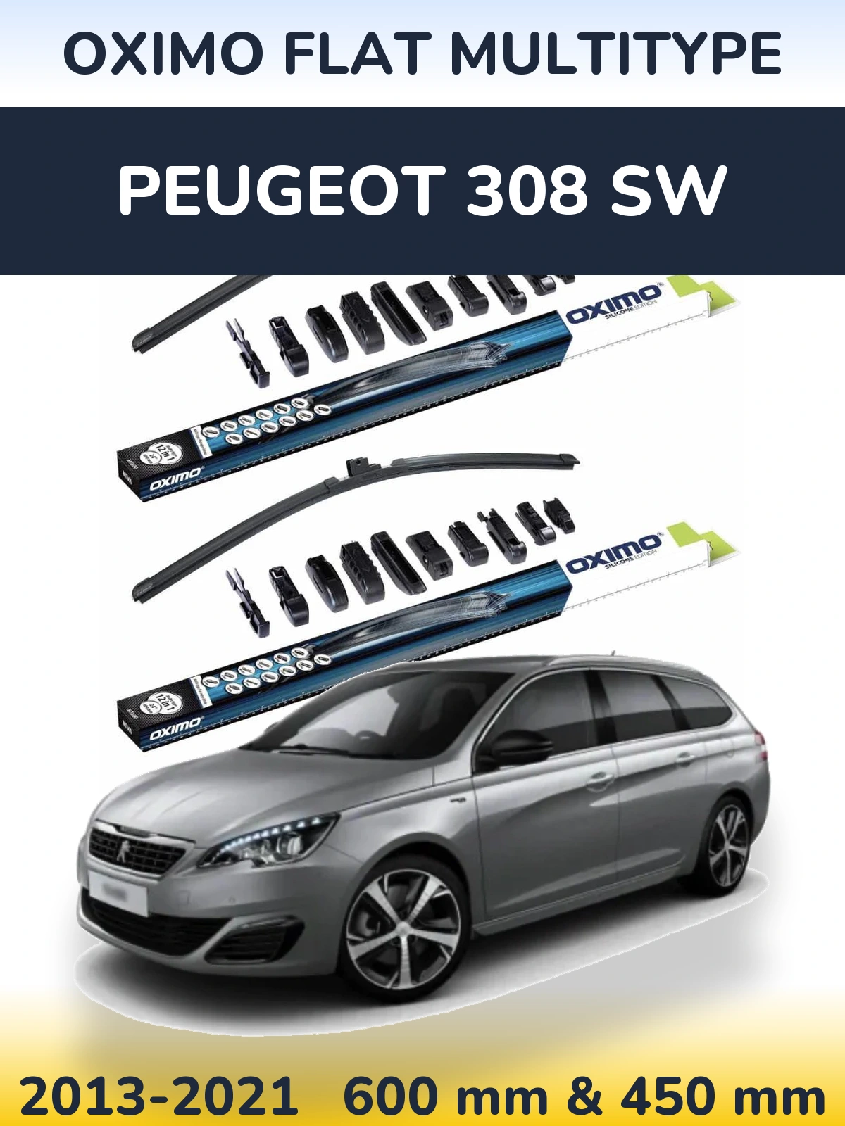 Sada předních stěračů Oximo Flat MultiType 600 a 450 mm pro Peugeot 308 SW 2013-2021