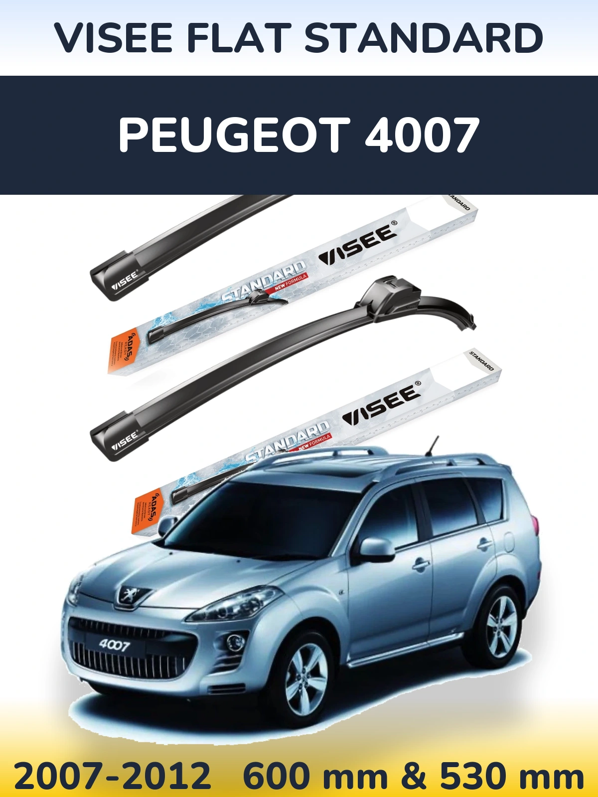 Sada předních stěračů VISEE FLAT STANDARD 600 a 530 mm pro Peugeot 4007 2007-2012