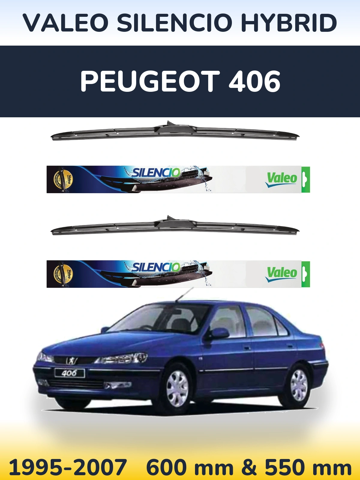 Sada předních stěračů Valeo Silencio Hybrid 600 a 550 mm pro Peugeot 406 1995-2007