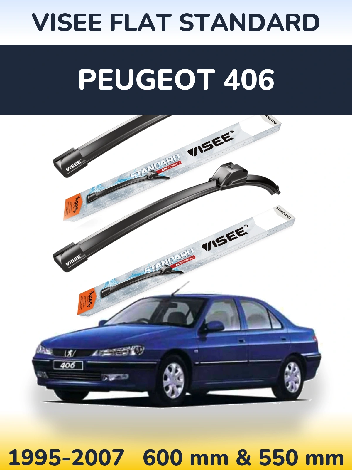 Sada předních stěračů VISEE FLAT STANDARD 600 a 550 mm pro Peugeot 406 1995-2007
