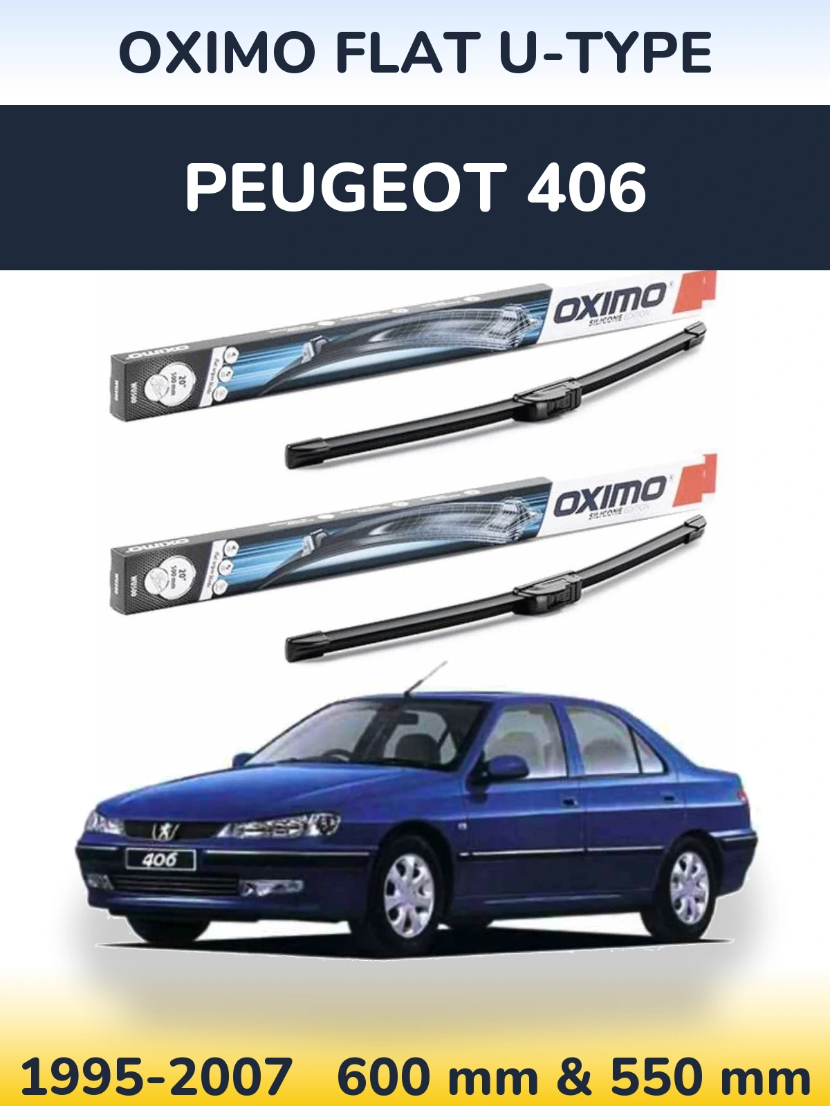 Sada předních stěračů Oximo Flat U-type 600 a 550 mm pro Peugeot 406 1995-2007