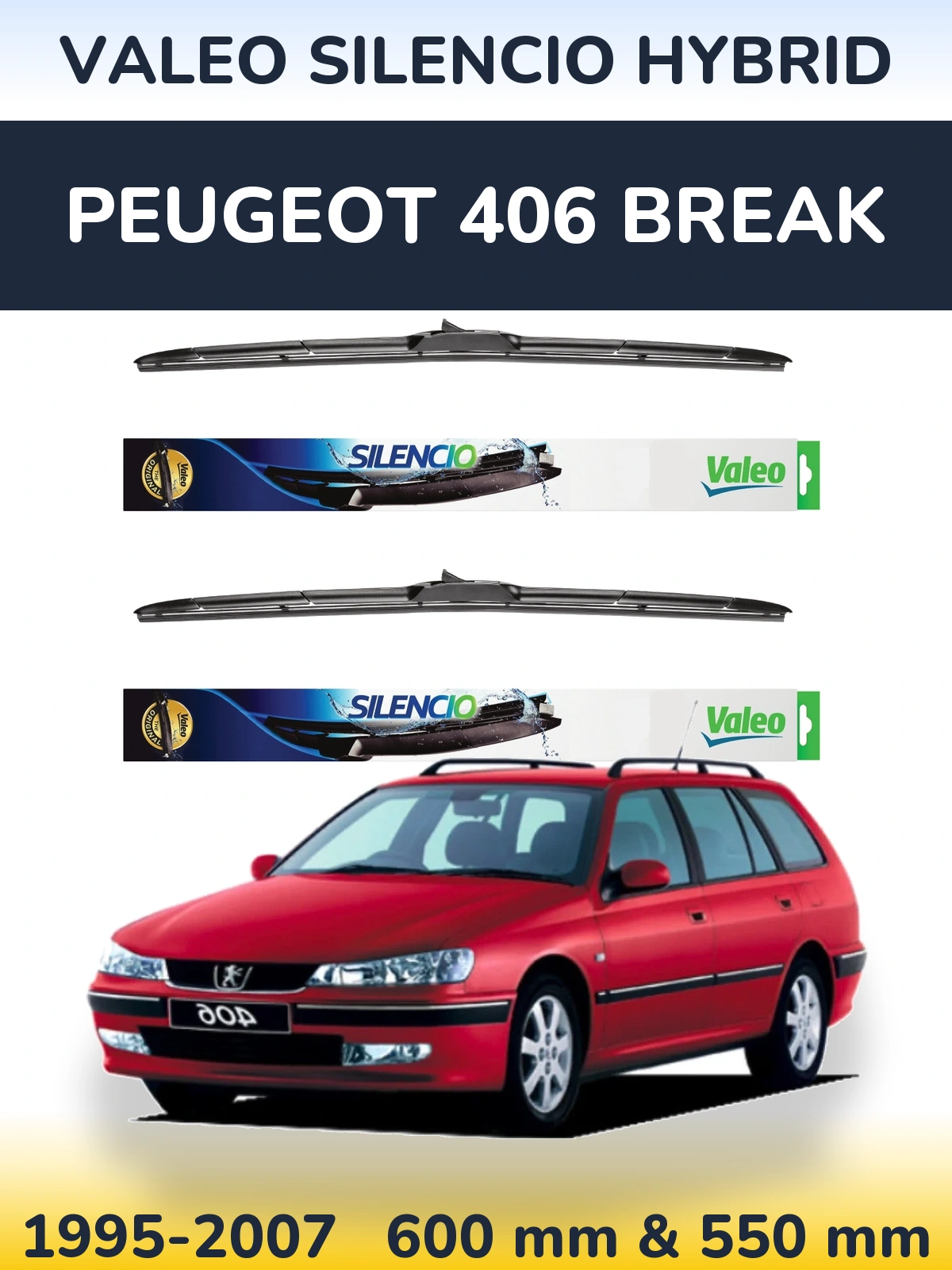 Sada předních stěračů Valeo Silencio Hybrid 600 a 550 mm pro Peugeot 406 Break 1995-2007
