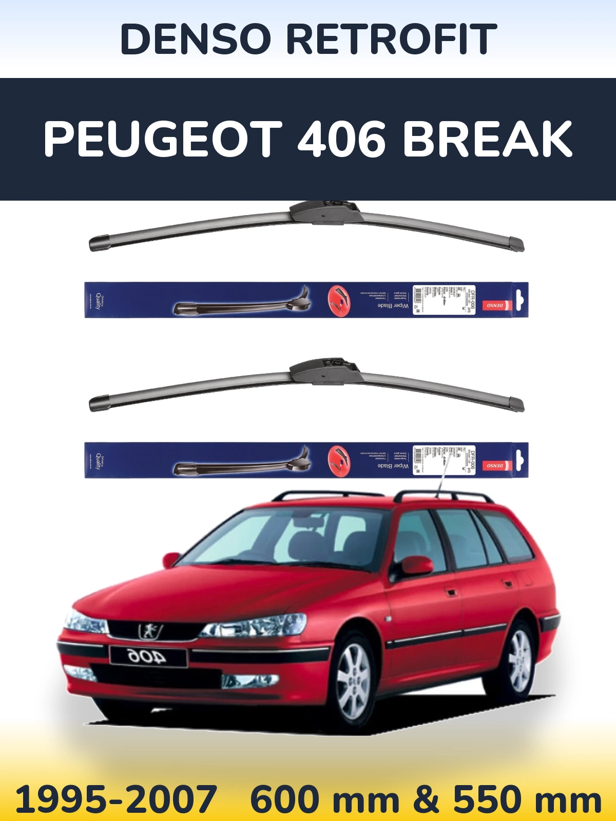 Sada předních stěračů Denso Retrofit 600 a 550 mm pro Peugeot 406 Break 1995-2007