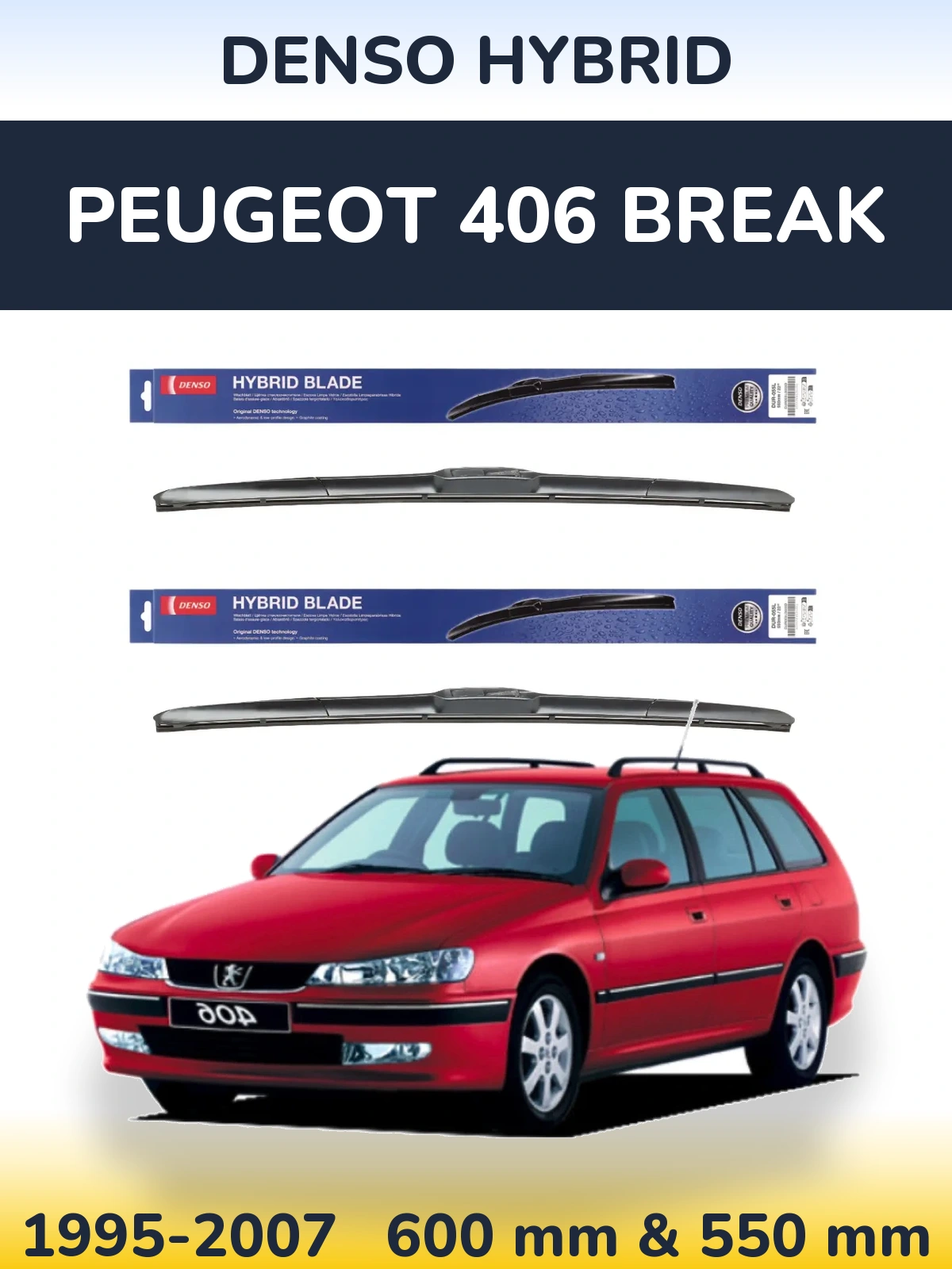 Sada předních stěračů Denso Hybrid 600 a 550 mm pro Peugeot 406 Break 1995-2007