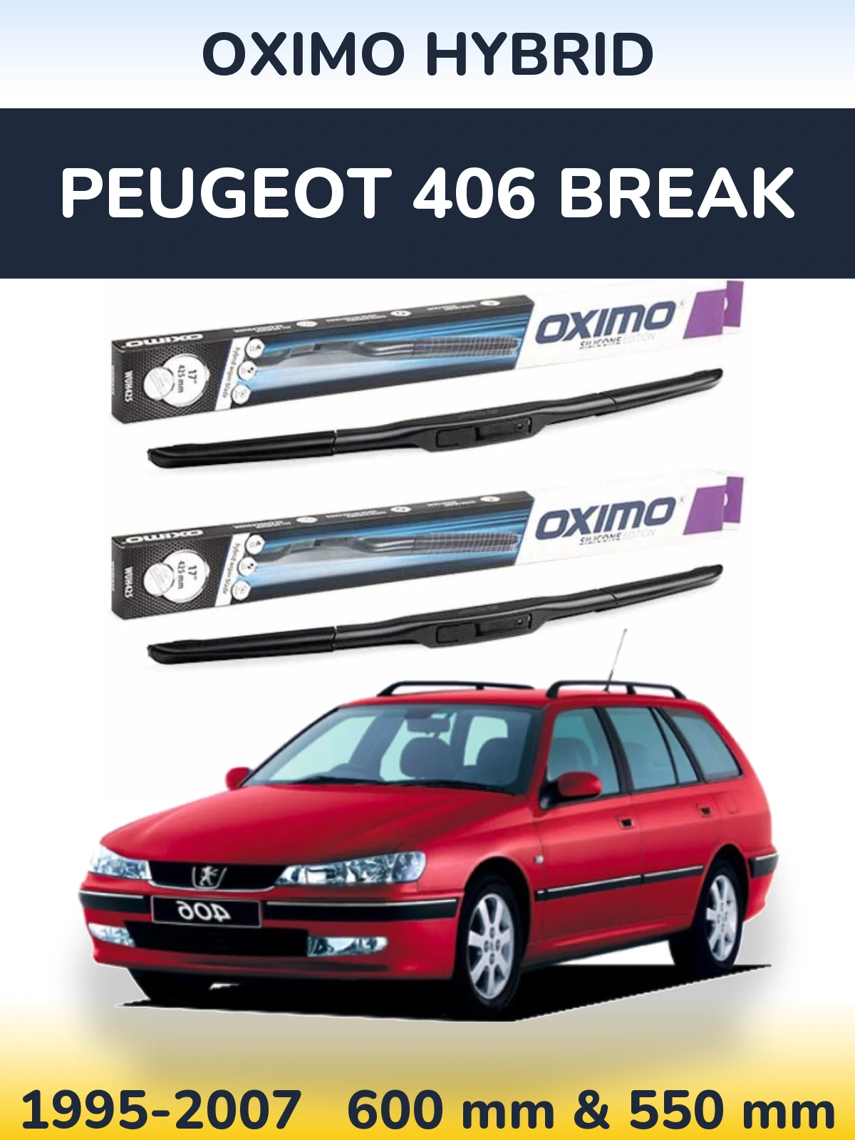 Sada předních stěračů Oximo Hybrid 600 a 550 mm pro Peugeot 406 Break 1995-2007