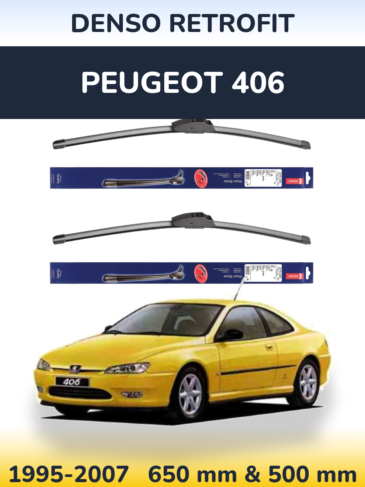 Sada předních stěračů Denso Retrofit 650 a 500 mm pro Peugeot 406 1995-2007