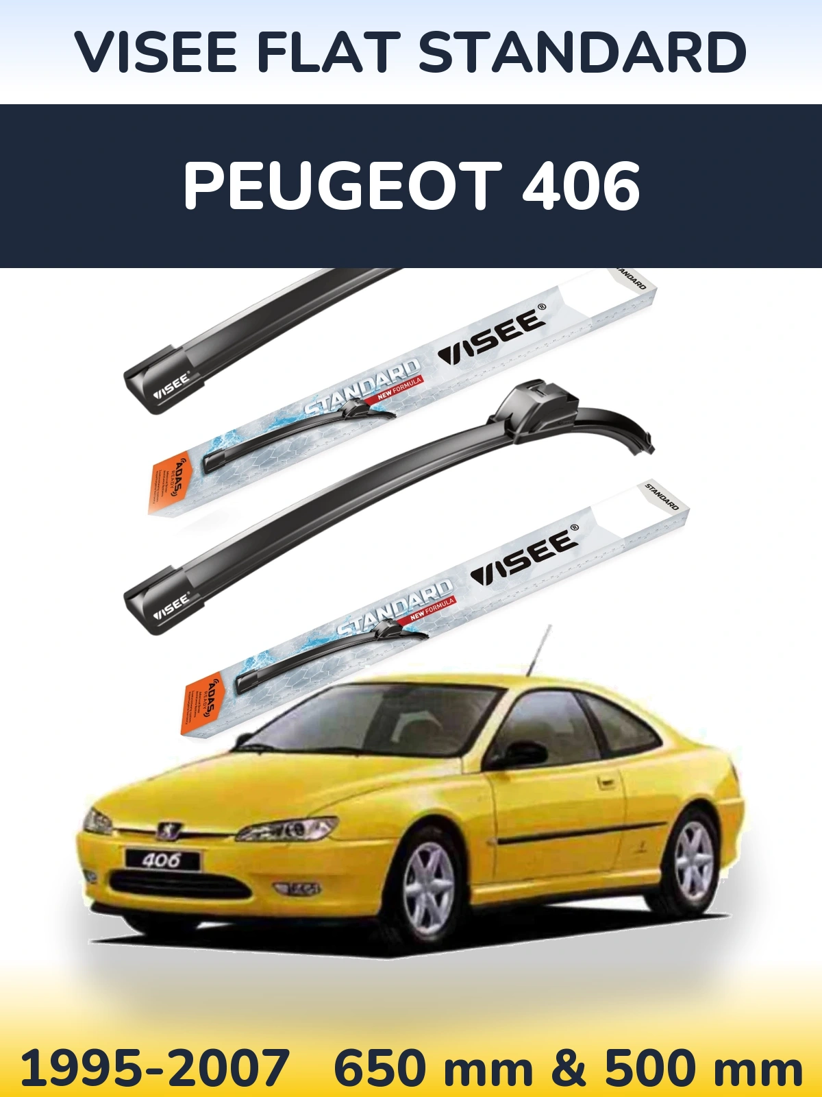 Sada předních stěračů VISEE FLAT STANDARD 650 a 500 mm pro Peugeot 406 1995-2007