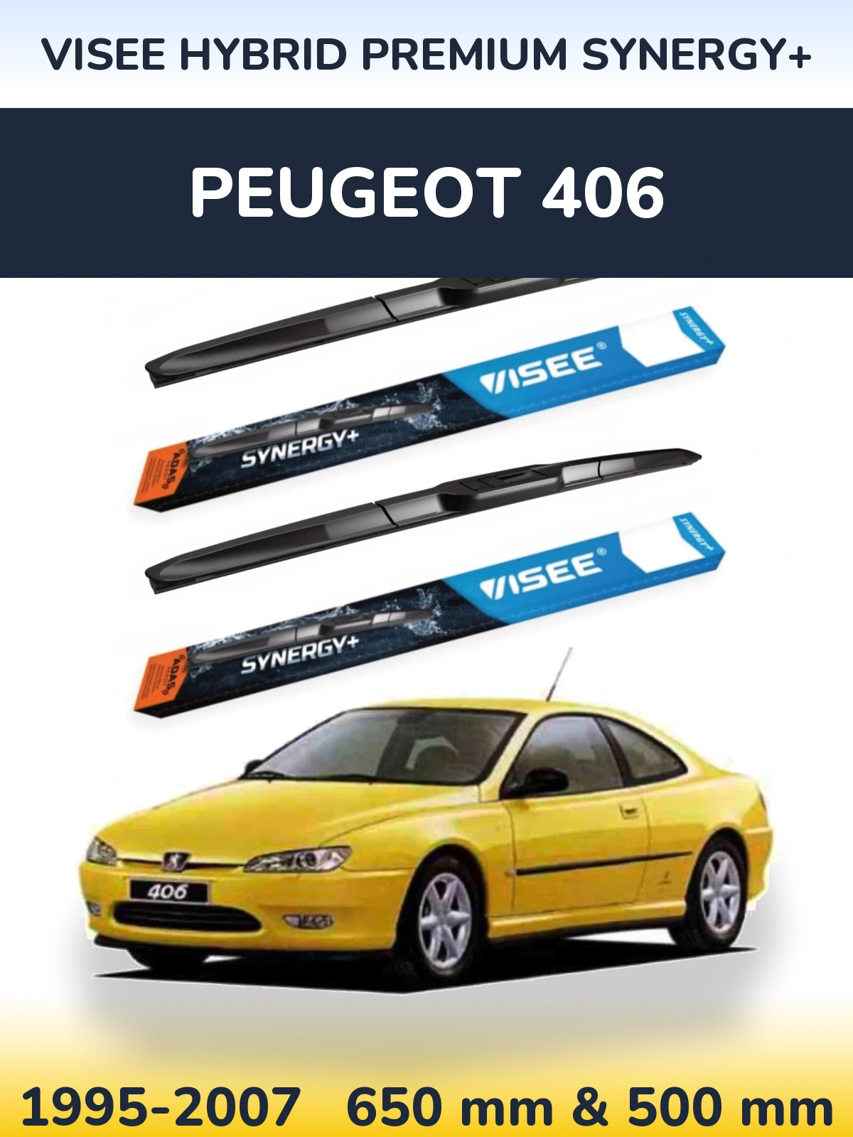 Sada předních stěračů VISEE HYBRID PREMIUM SYNERGY+ 650 a 500 mm pro Peugeot 406 1995-2007