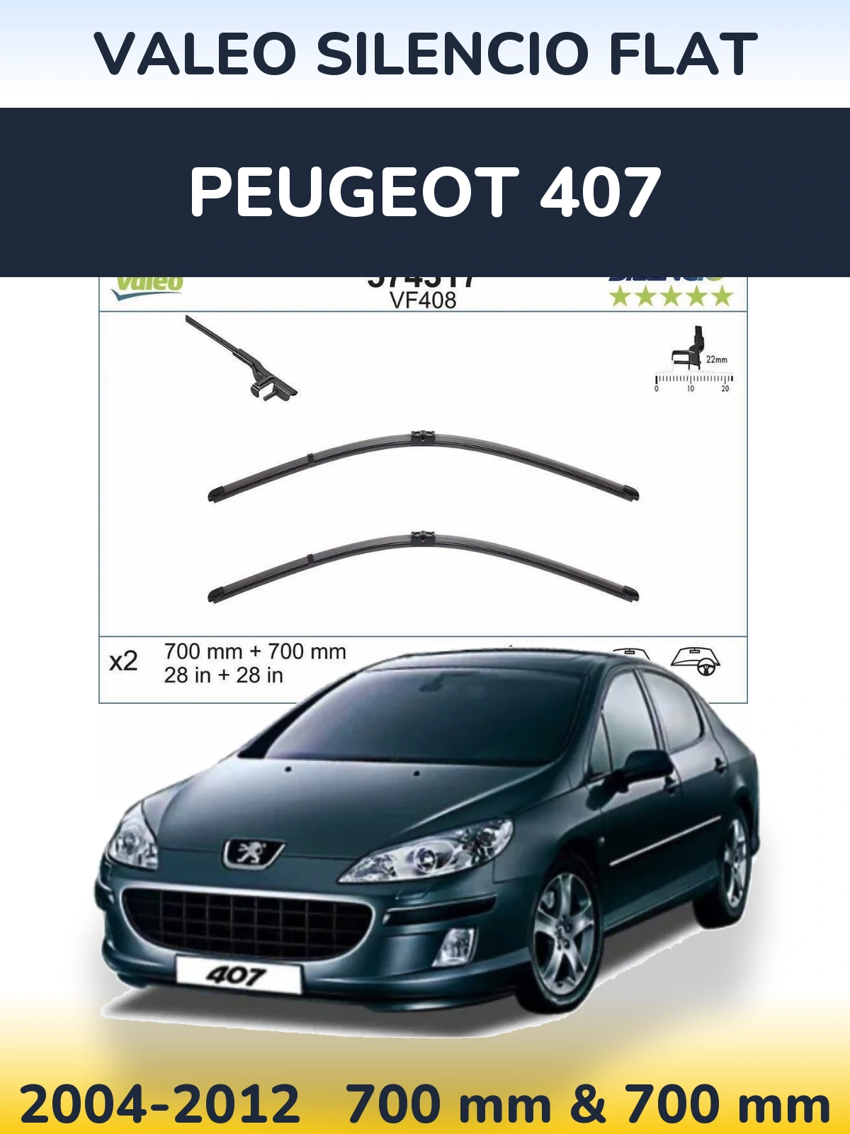 Sada předních stěračů Valeo Silencio Flat 700 a 700 mm pro Peugeot 407 2004-2012