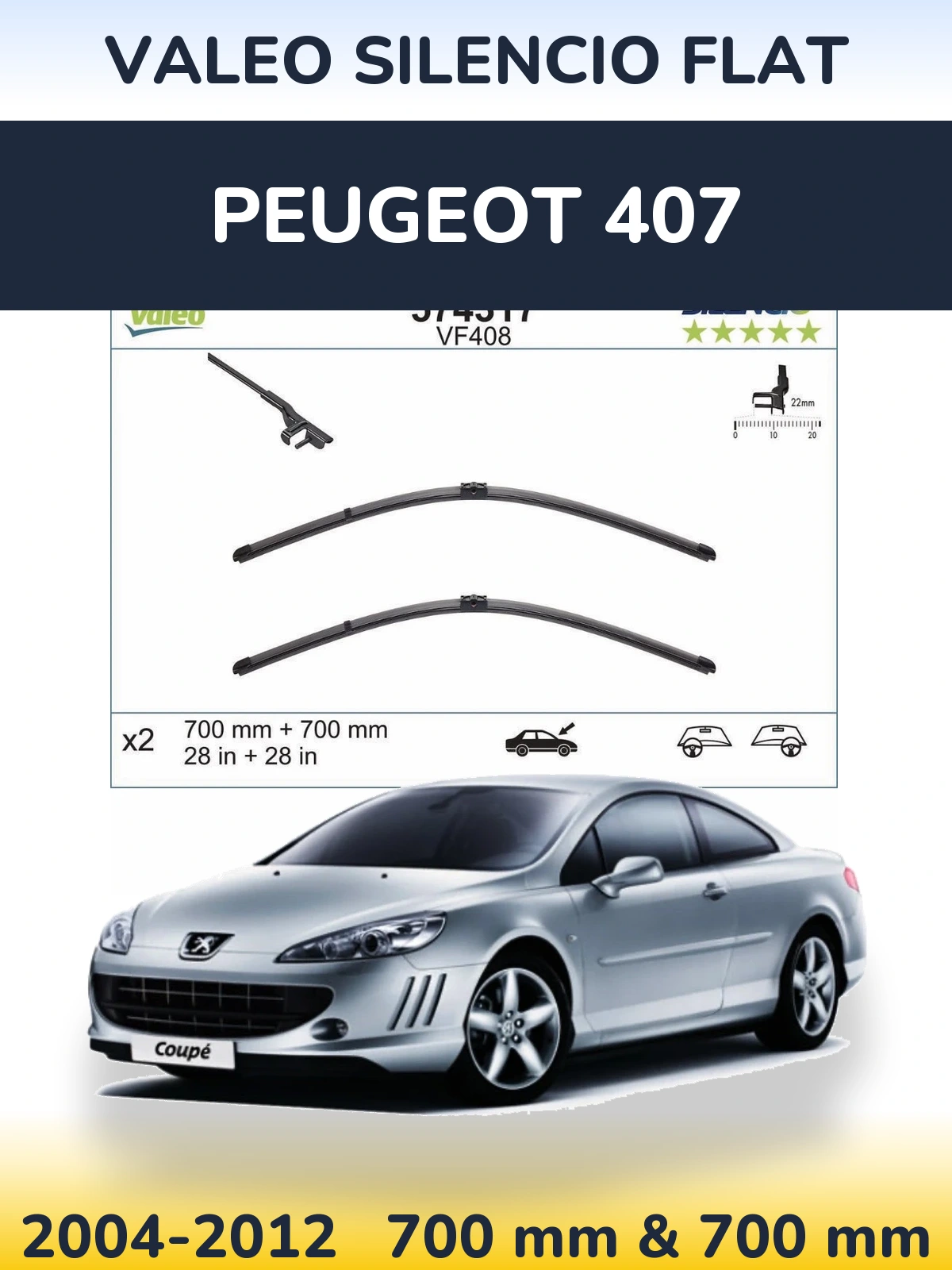 Sada předních stěračů Valeo Silencio Flat 700 a 700 mm pro Peugeot 407 2004-2012
