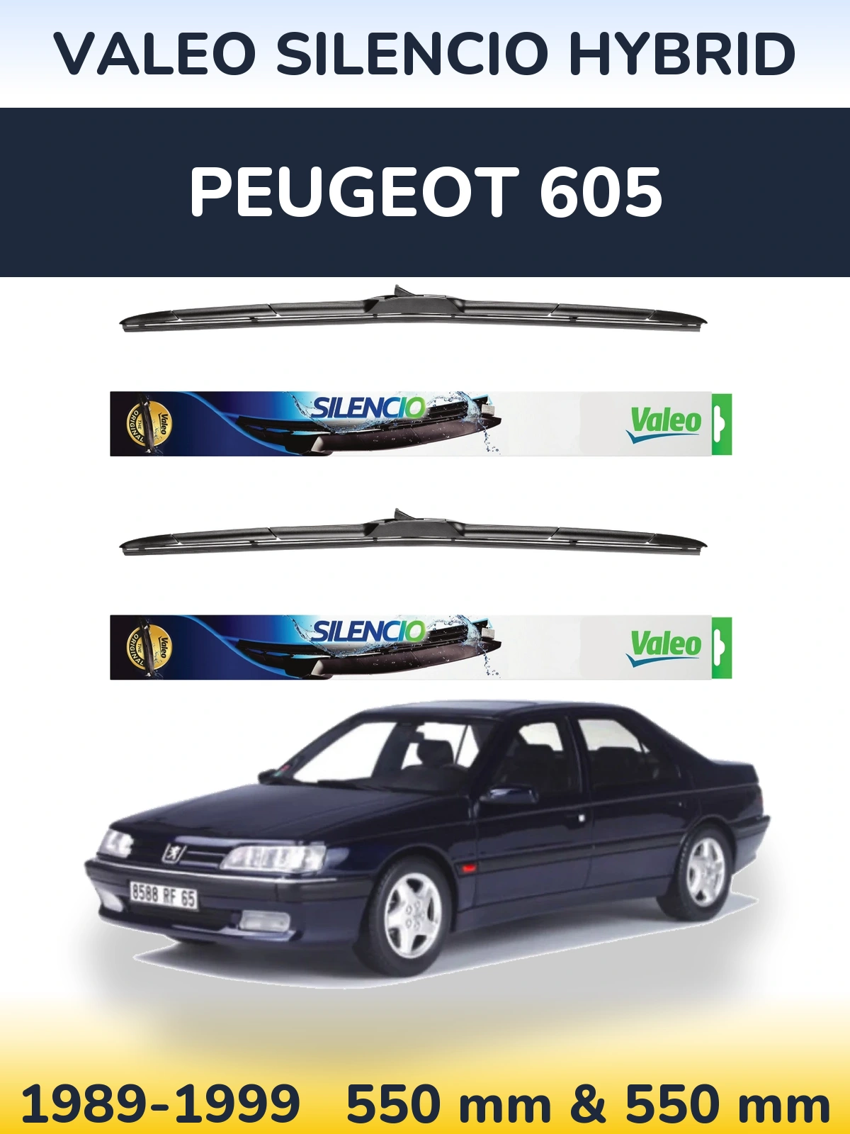 Sada předních stěračů Valeo Silencio Hybrid 550 a 550 mm pro Peugeot 605 1989-1999