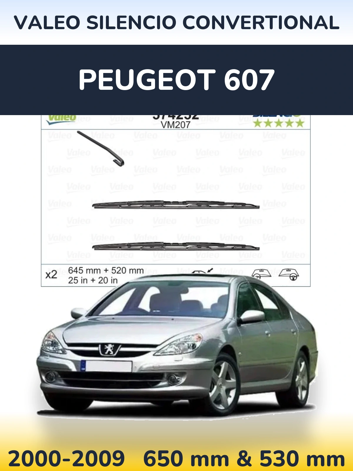 Sada předních stěračů Valeo Silencio Convertional 645 a 520 mm pro Peugeot 607 2000-2009