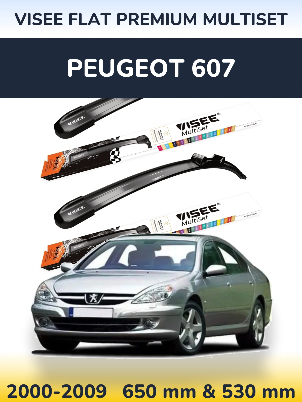 Sada předních stěračů VISEE FLAT PREMIUM MultiSet 650 a 530 mm pro Peugeot 607 2000-2009