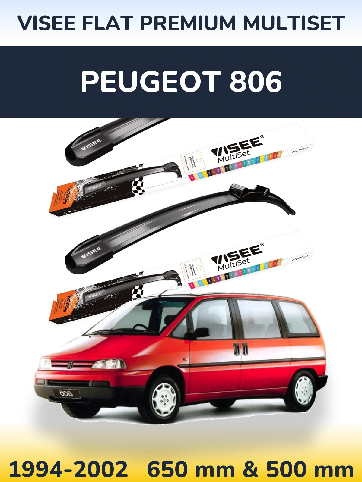 Sada předních stěračů VISEE FLAT PREMIUM MultiSet 650 a 500 mm pro Peugeot 806 1994-2002