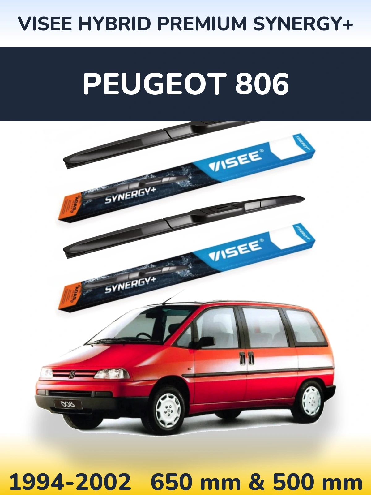 Sada předních stěračů VISEE HYBRID PREMIUM SYNERGY+ 650 a 500 mm pro Peugeot 806 1994-2002