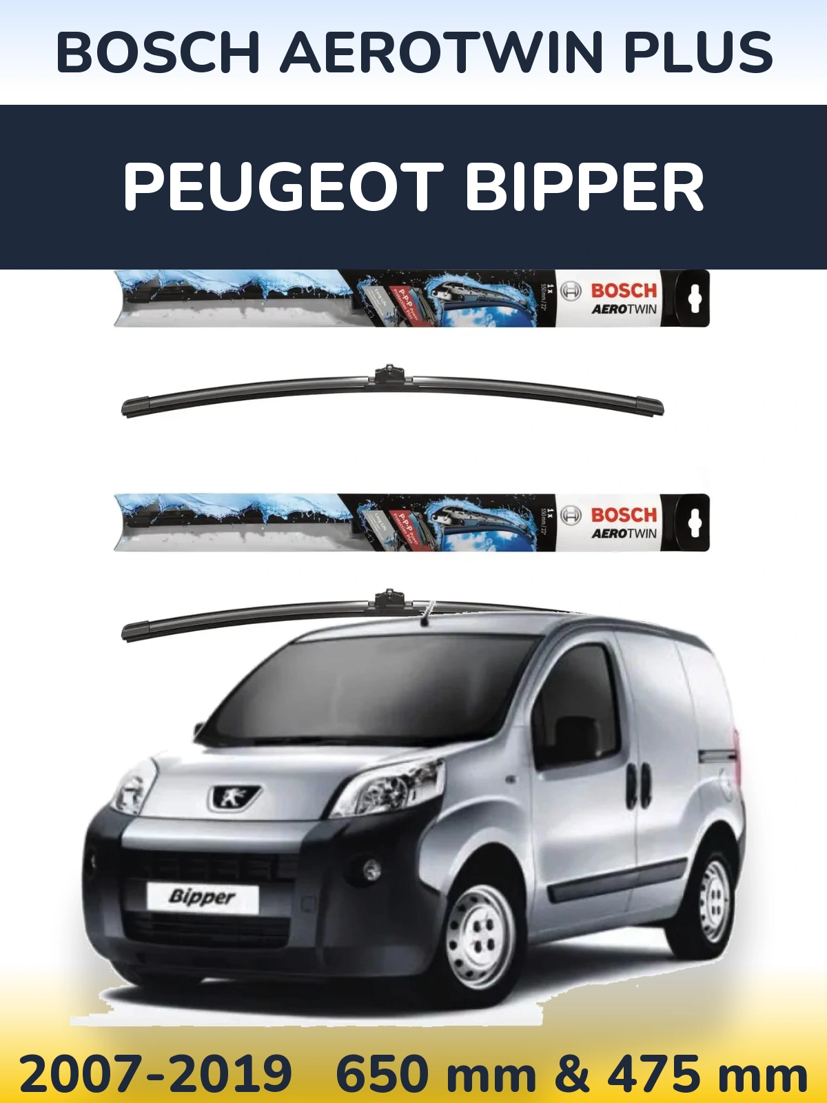 Sada předních stěračů BOSCH AeroTwin Plus 650 a 475 mm pro Peugeot Bipper 2007-2019