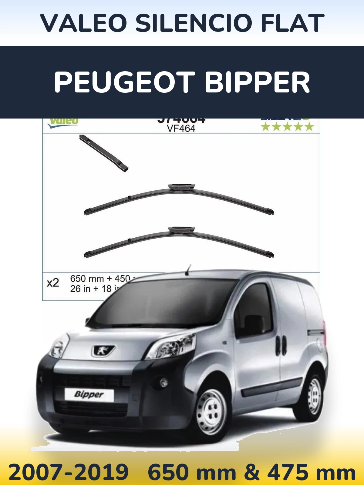 Sada předních stěračů Valeo Silencio Flat 650 a 450 mm pro Peugeot Bipper 2007-2019