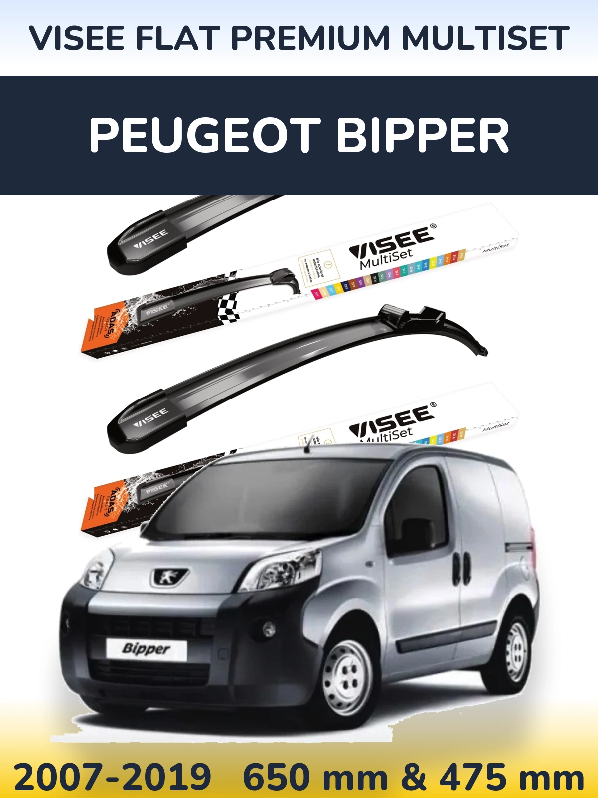 Sada předních stěračů VISEE FLAT PREMIUM MultiSet 650 a 475 mm pro Peugeot Bipper 2007-2019