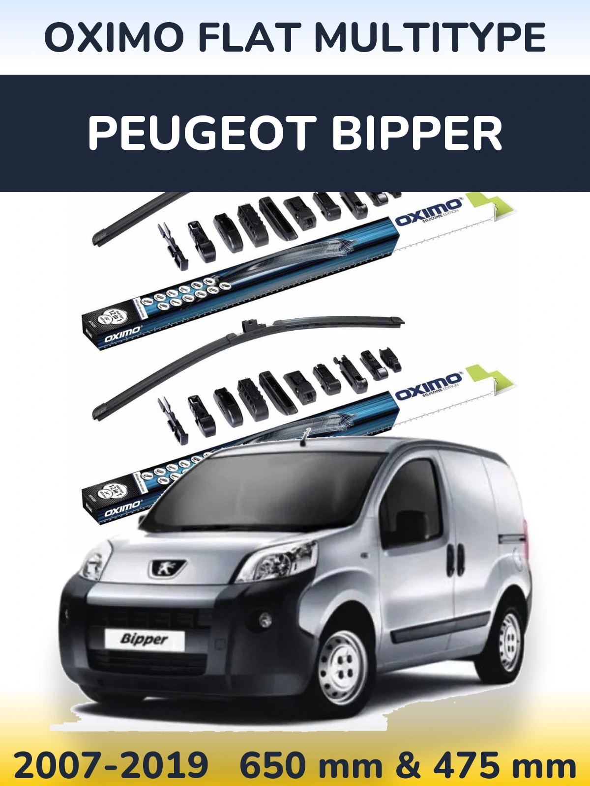 Sada předních stěračů Oximo Flat MultiType 650 a 475 mm pro Peugeot Bipper 2007-2019