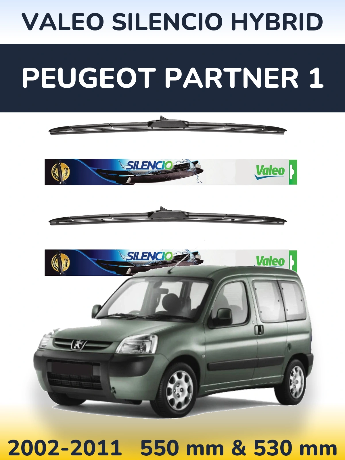 Sada předních stěračů Valeo Silencio Hybrid 550 a 530 mm pro Peugeot Partner 1 2002-2011