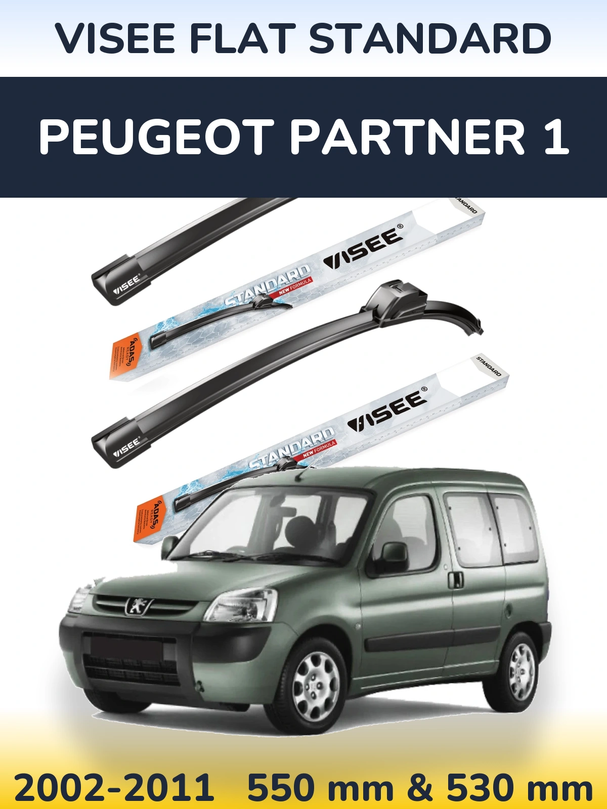 Sada předních stěračů VISEE FLAT STANDARD 550 a 530 mm pro Peugeot Partner 1 2002-2011