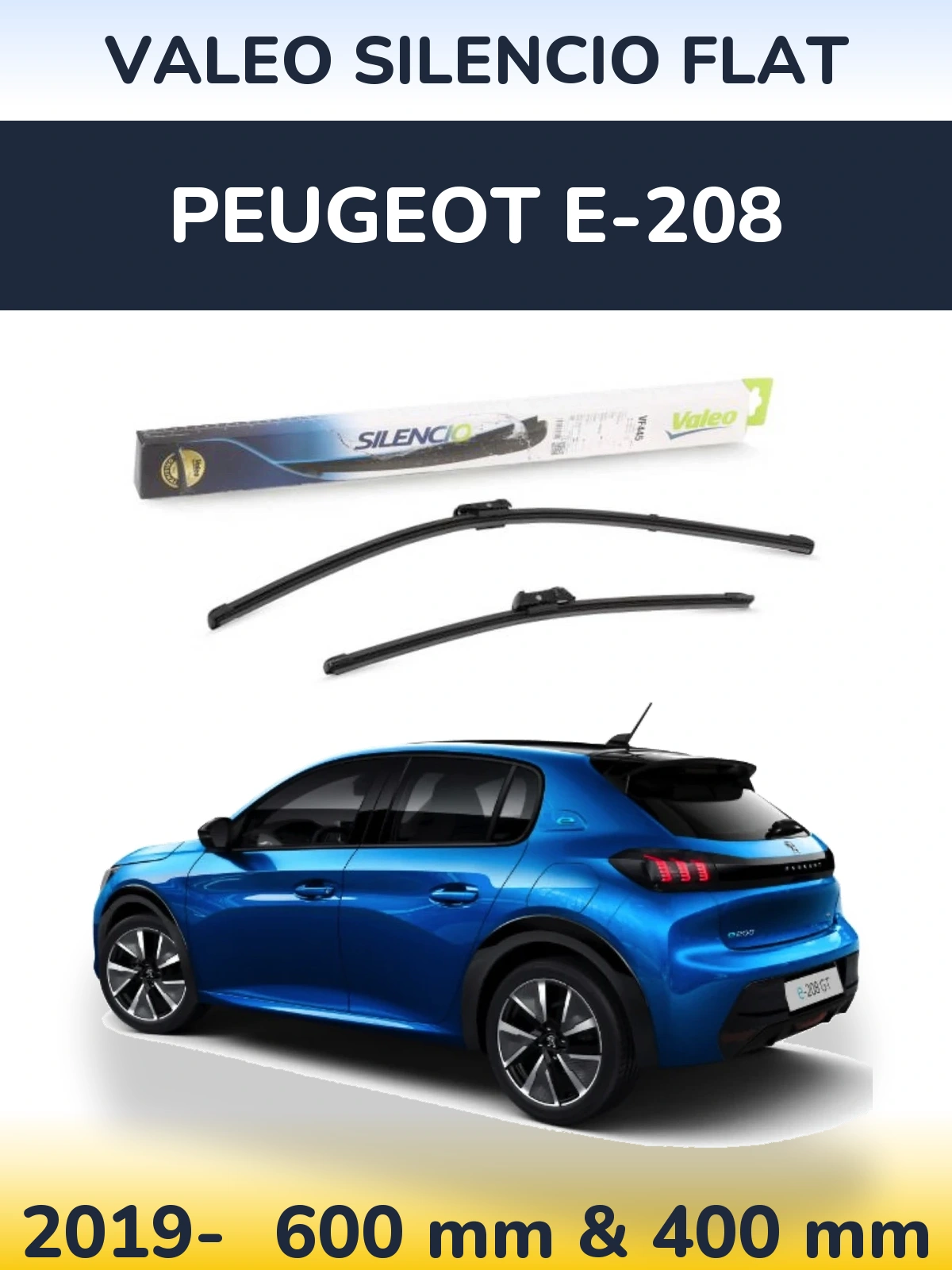 Sada předních stěračů Valeo Silencio Flat 600 a 400 mm pro Peugeot e-208 2019-2026