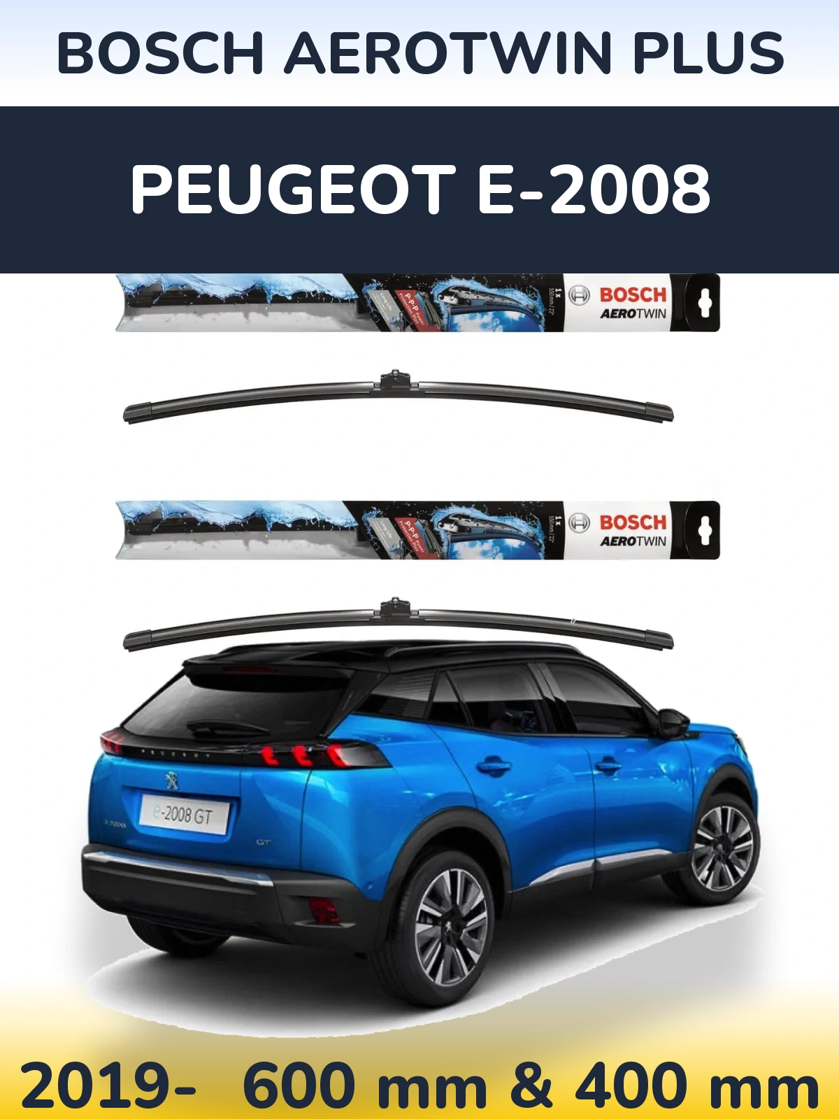 Sada předních stěračů BOSCH AeroTwin Plus 600 a 400 mm pro Peugeot e-2008 2019-2026