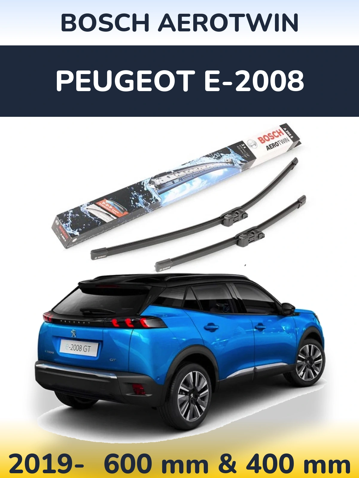 Sada předních stěračů BOSCH AeroTwin 600 a 400 mm pro Peugeot e-2008 2019-2026