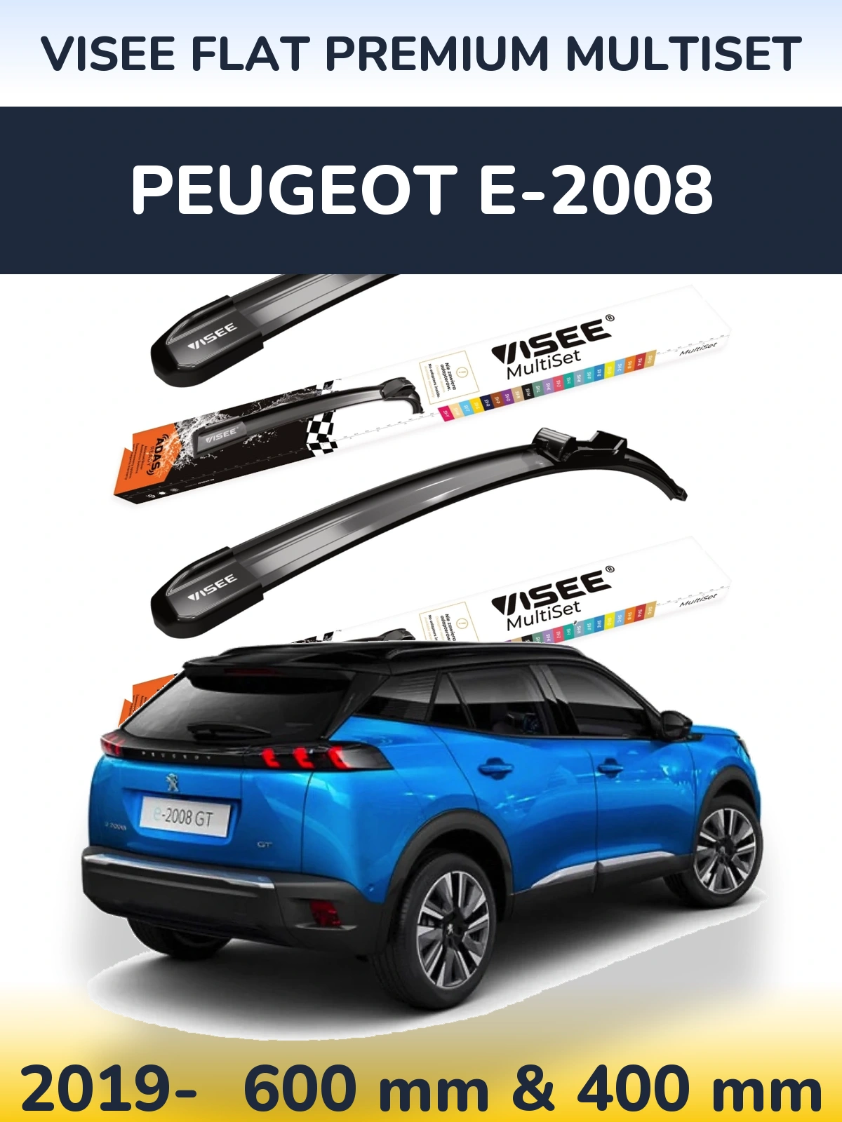 Sada předních stěračů VISEE FLAT PREMIUM MultiSet 600 a 400 mm pro Peugeot e-2008 2019-2026