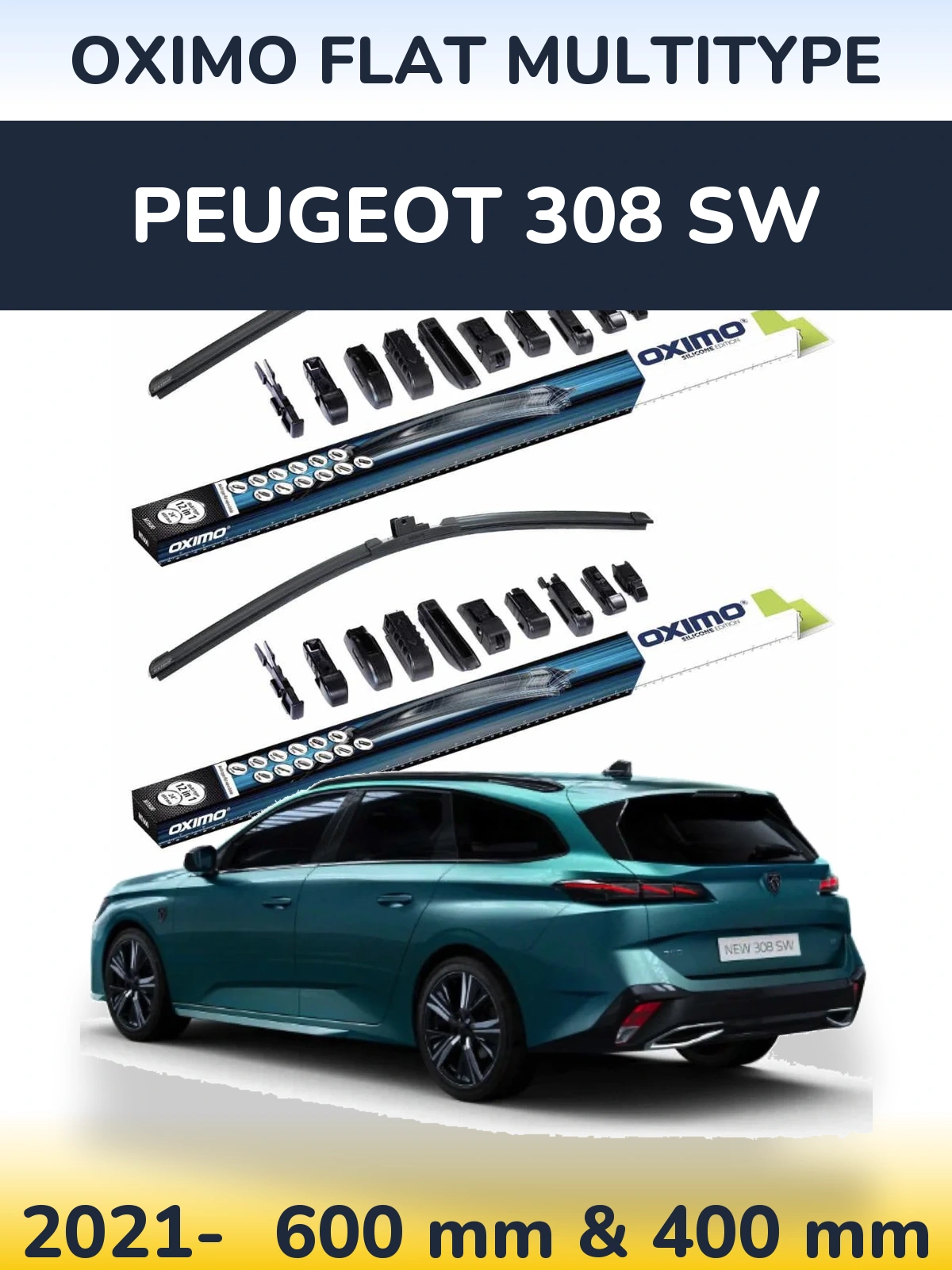 Комплект передніх щіток Oximo Flat MultiТипe 600 & 400 мм для Peugeot 308 SW 2021-2026