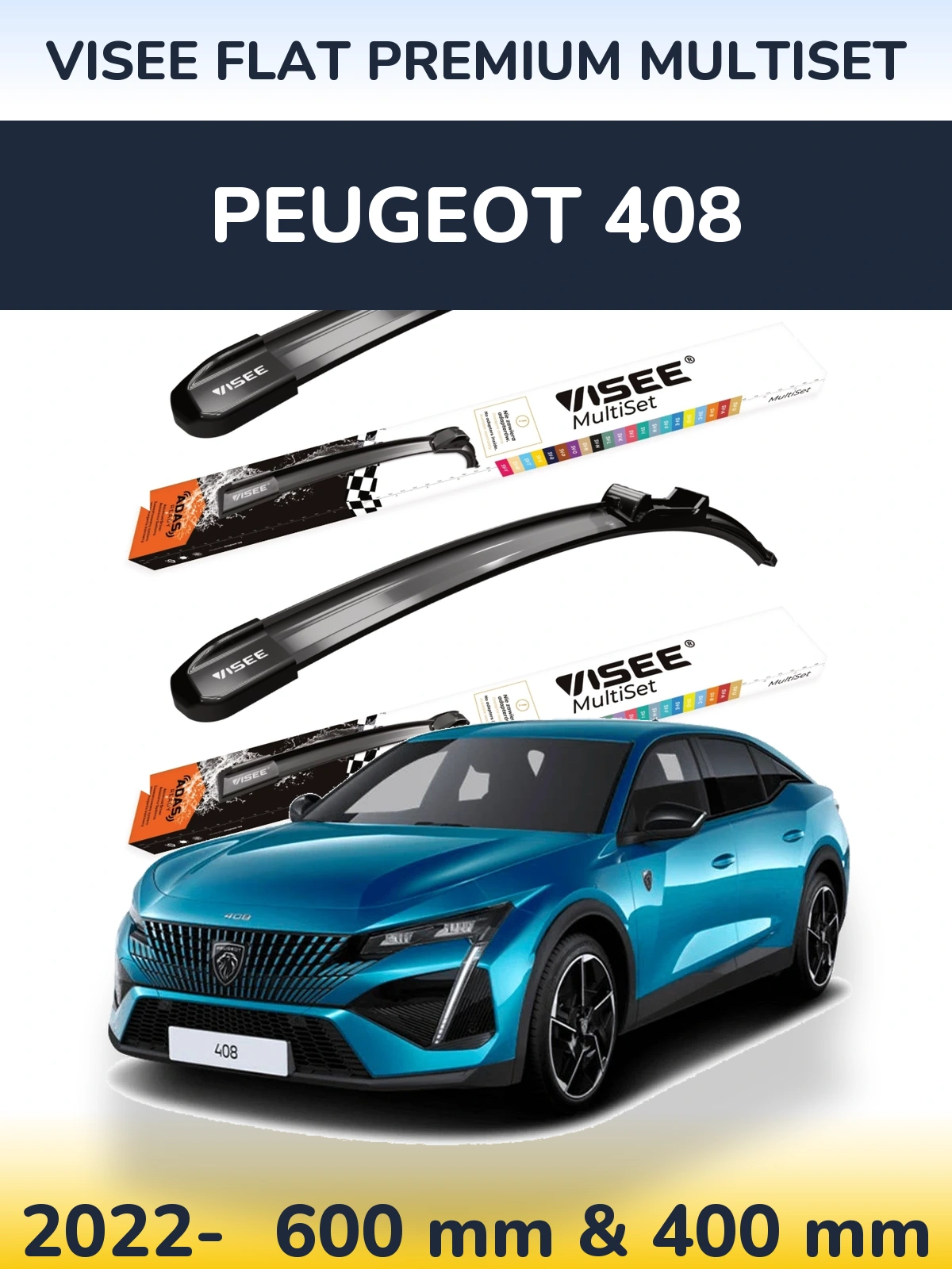 Sada předních stěračů VISEE FLAT PREMIUM MultiSet 600 a 400 mm pro Peugeot 408 2022-2026