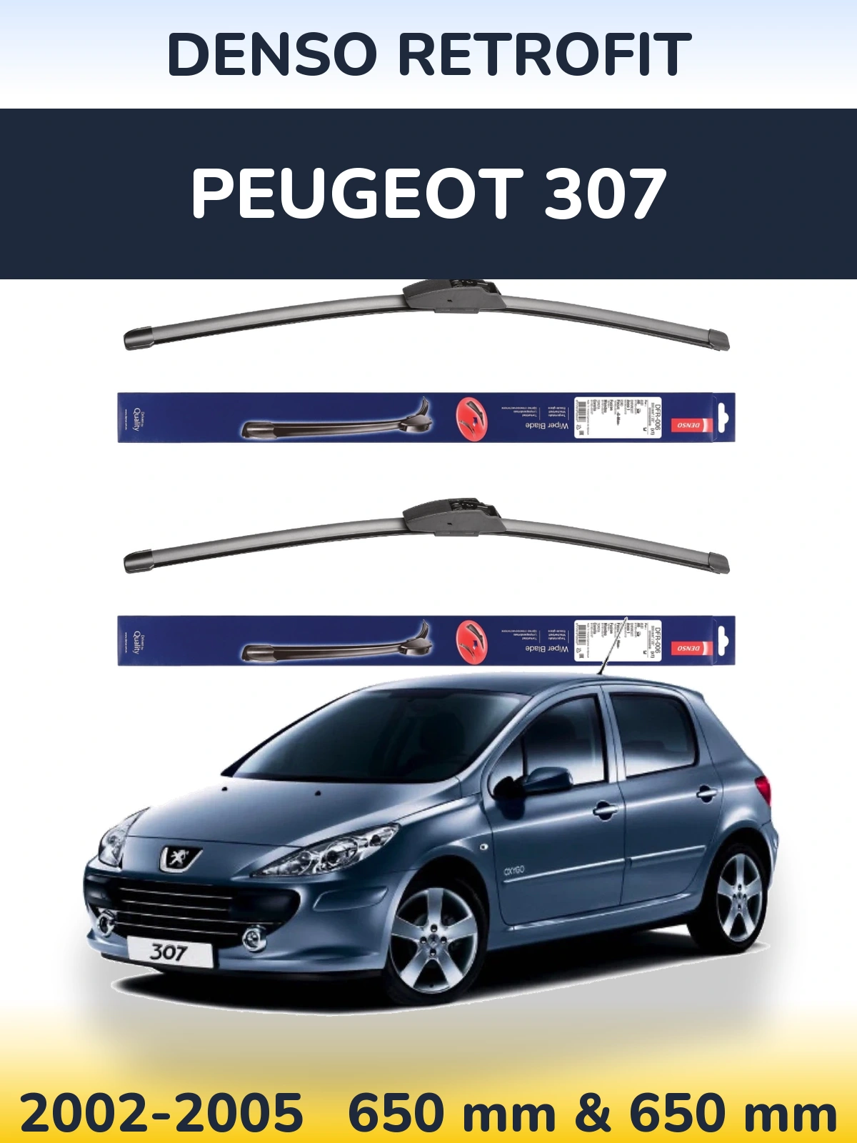 Sada předních stěračů Denso Retrofit 650 a 650 mm pro Peugeot 307 2002-2005