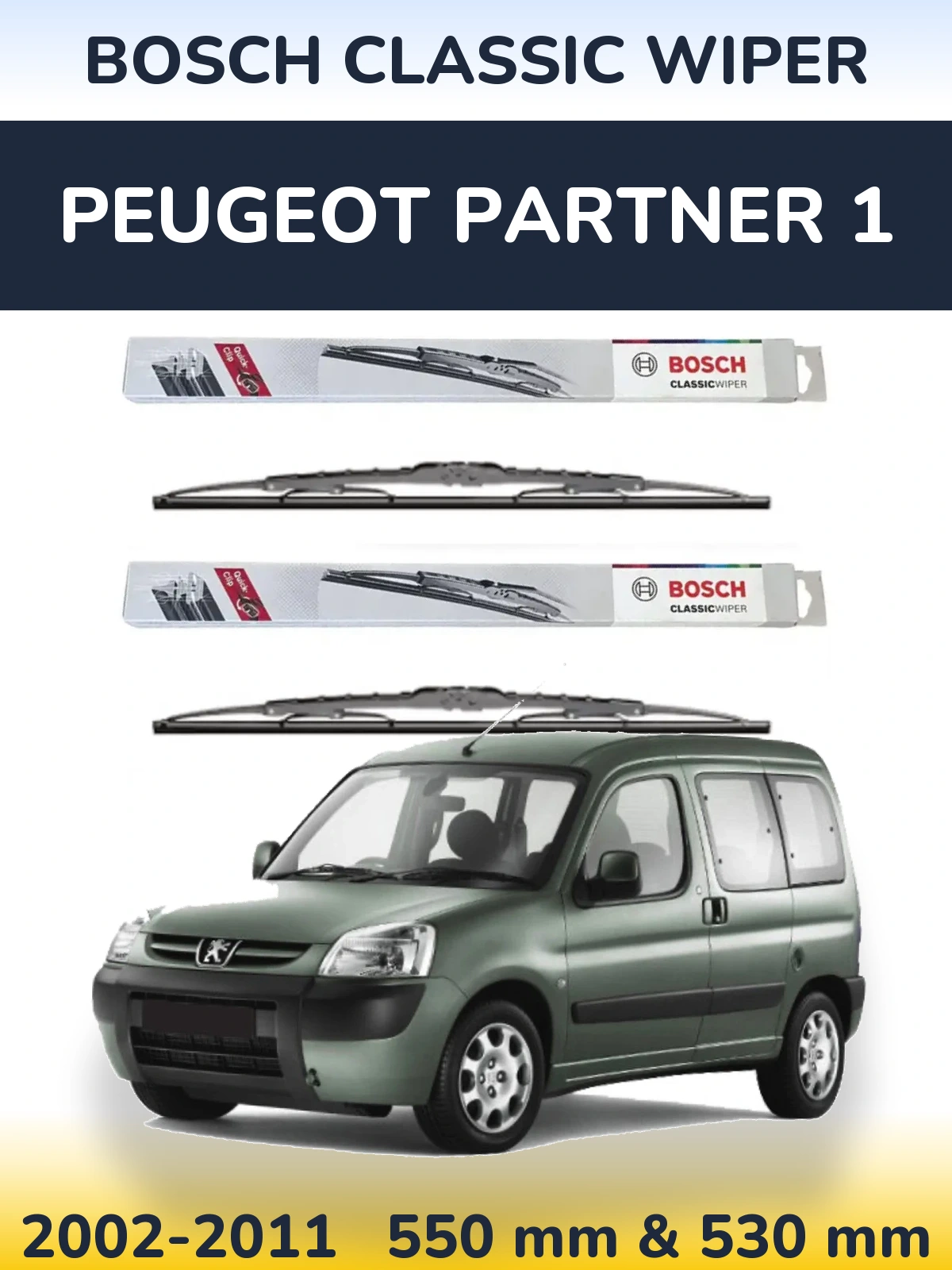 Sada předních stěračů BOSCH Classic Wiper 550 a 530 mm pro Peugeot Partner 1 2002-2011