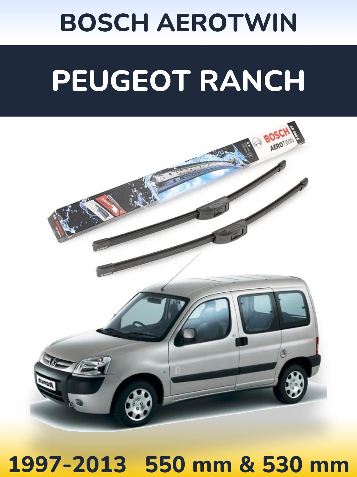 Комплект передніх щіток BOSCH AeroTwin 550 & 530 мм для Peugeot Ranch 1997-2013