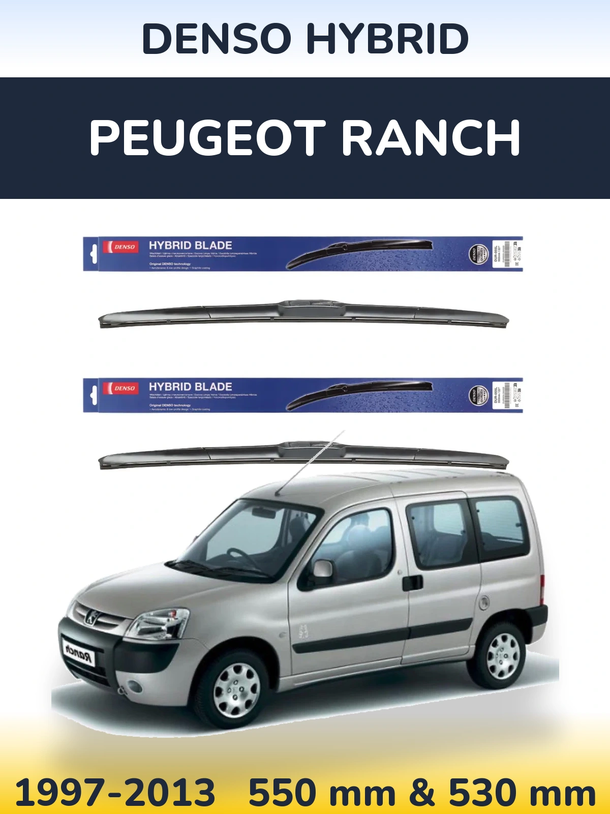 Sada předních stěračů Denso Hybrid 550 a 530 mm pro Peugeot Ranch 1997-2013