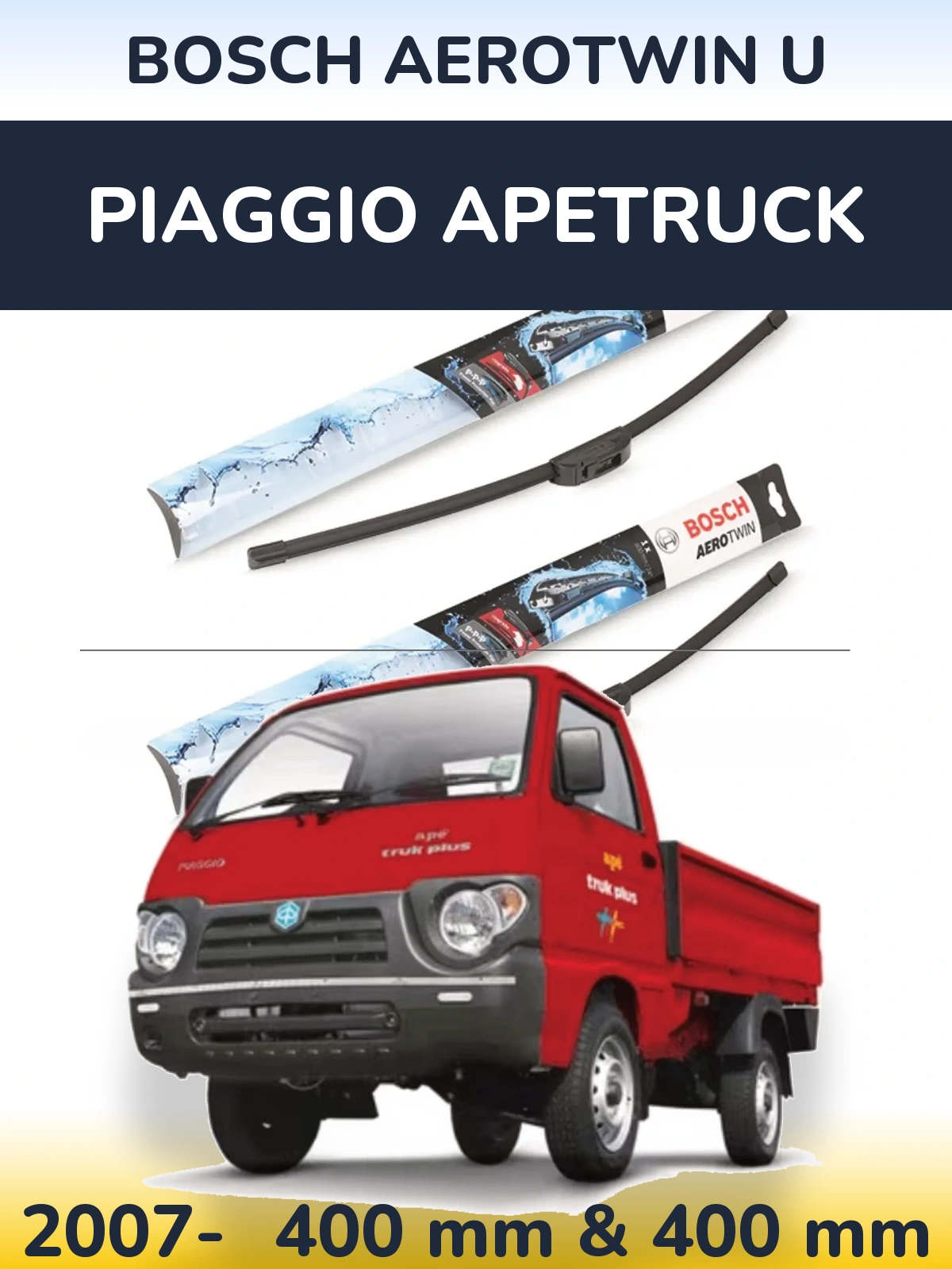 Sada předních stěračů BOSCH AeroTwin U 400 a 400 mm pro Piaggio Apetruck 2007-2026