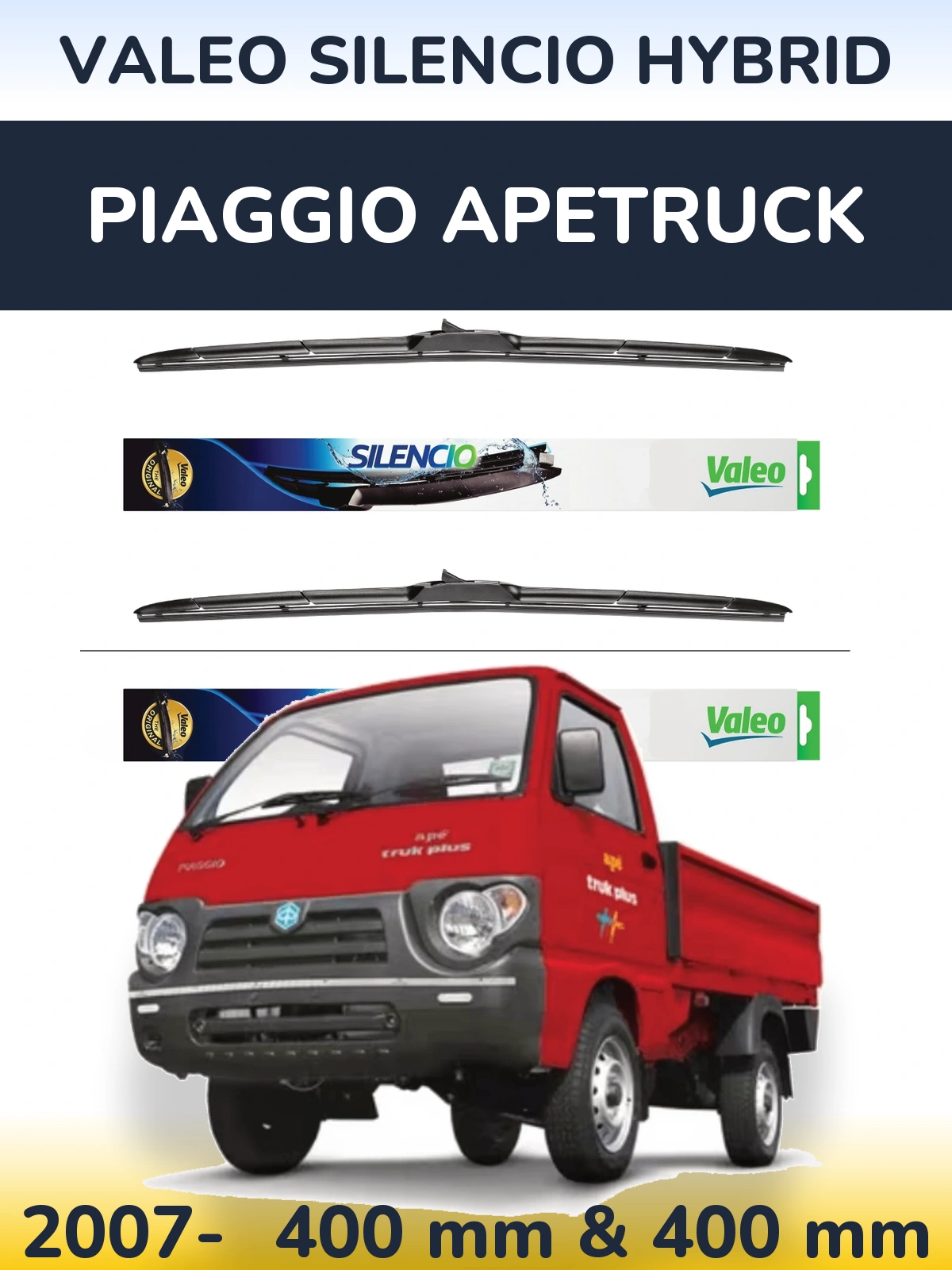 Sada předních stěračů Valeo Silencio Hybrid 400 a 400 mm pro Piaggio Apetruck 2007-2026