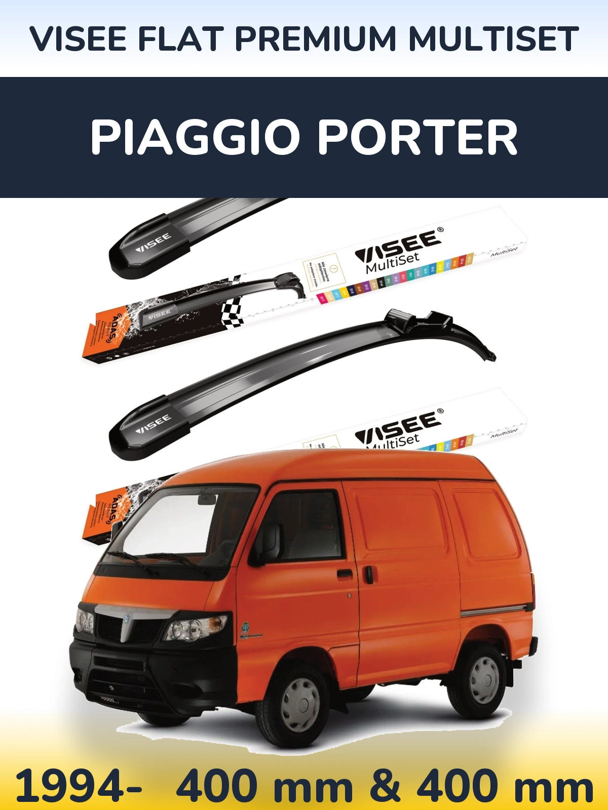 Sada předních stěračů VISEE FLAT PREMIUM MultiSet 400 a 400 mm pro Piaggio Porter 1994-2026