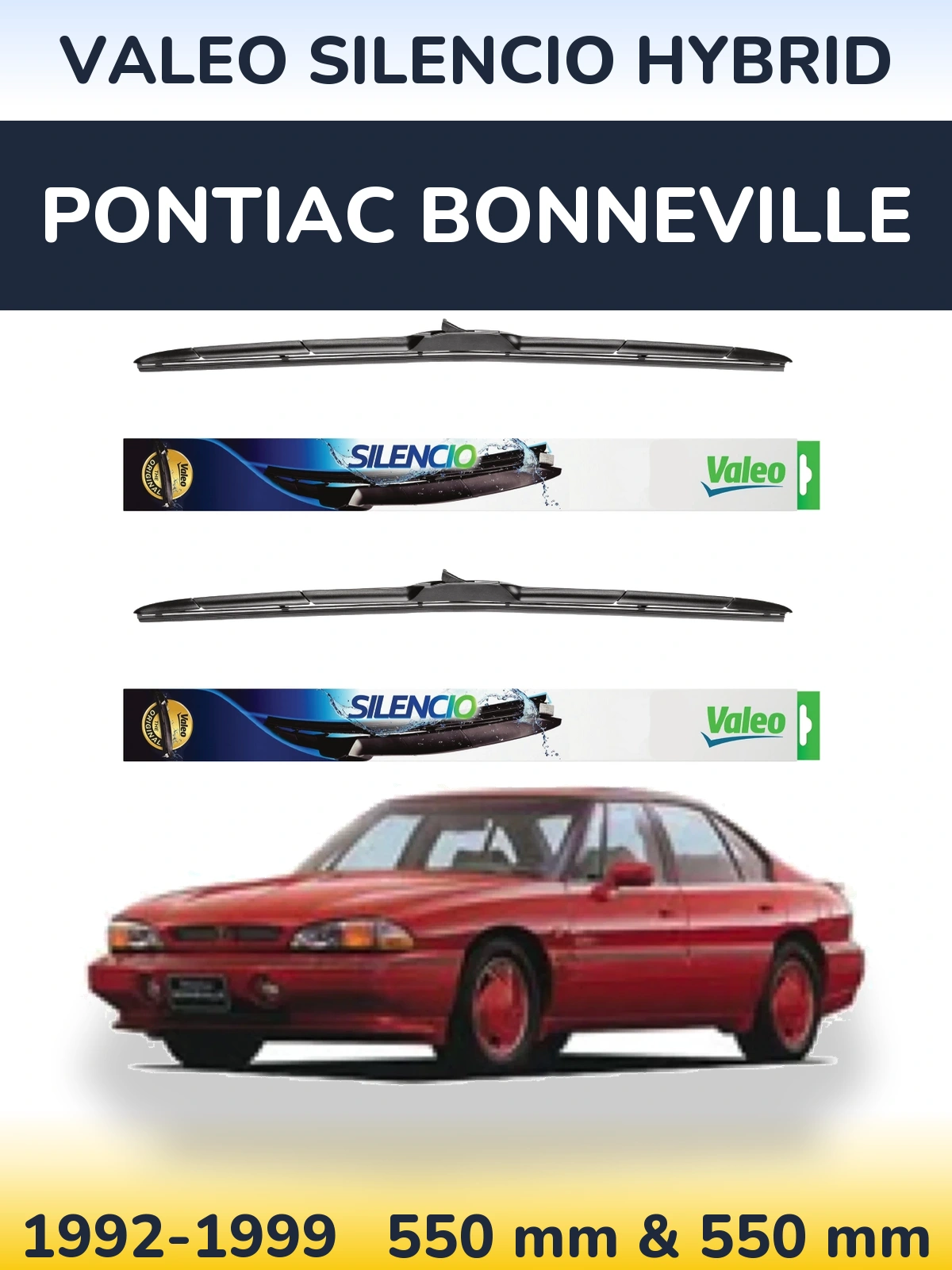 Sada předních stěračů Valeo Silencio Hybrid 550 a 550 mm pro Pontiac Bonneville 1992-1999
