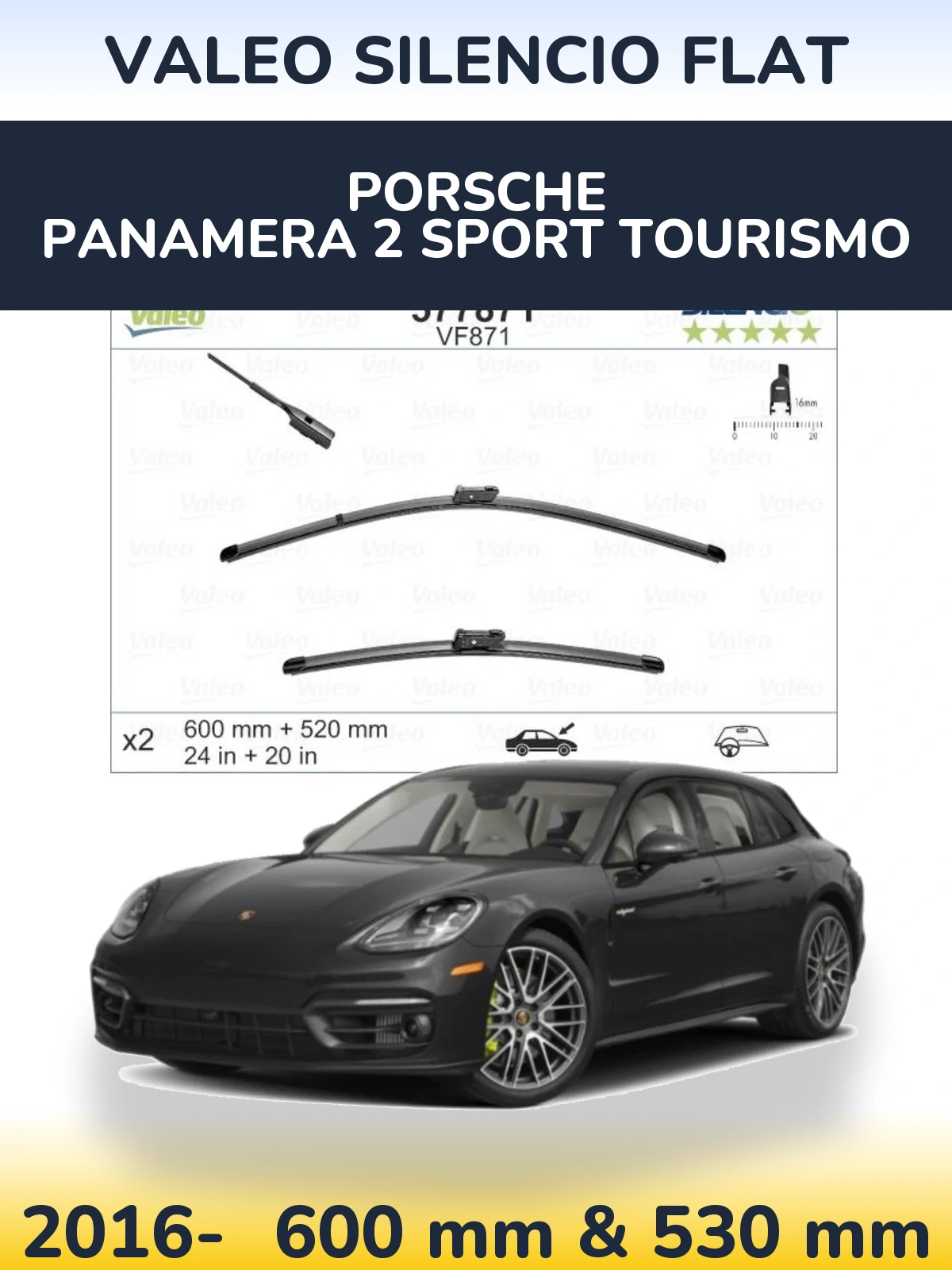 Sada předních stěračů Valeo Silencio Flat 600 a 520 mm pro Porsche Panamera 2 Sport Tourismo 2016-2026
