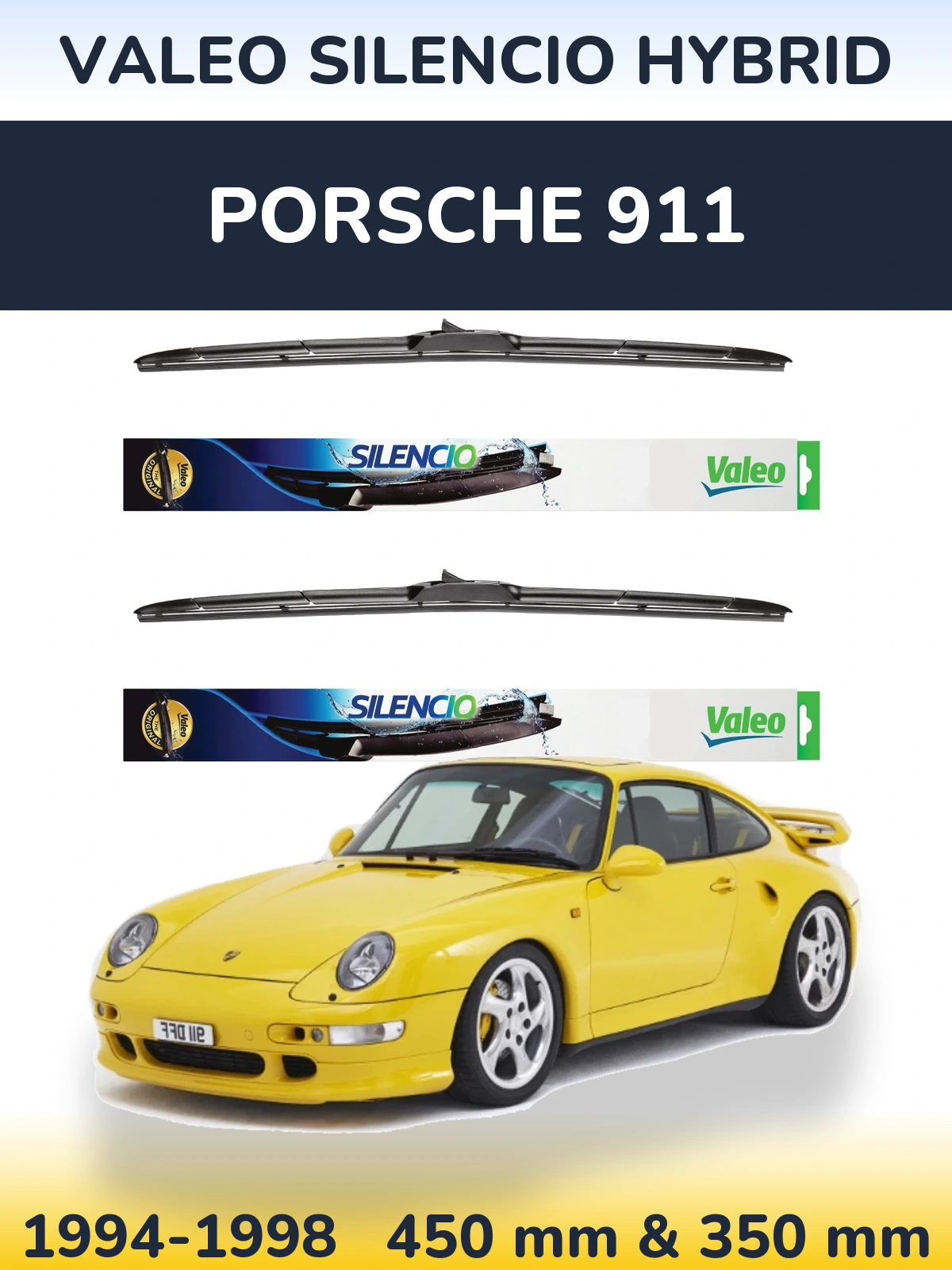 Sada předních stěračů Valeo Silencio Hybrid 450 a 350 mm pro Porsche 911 1994-1998