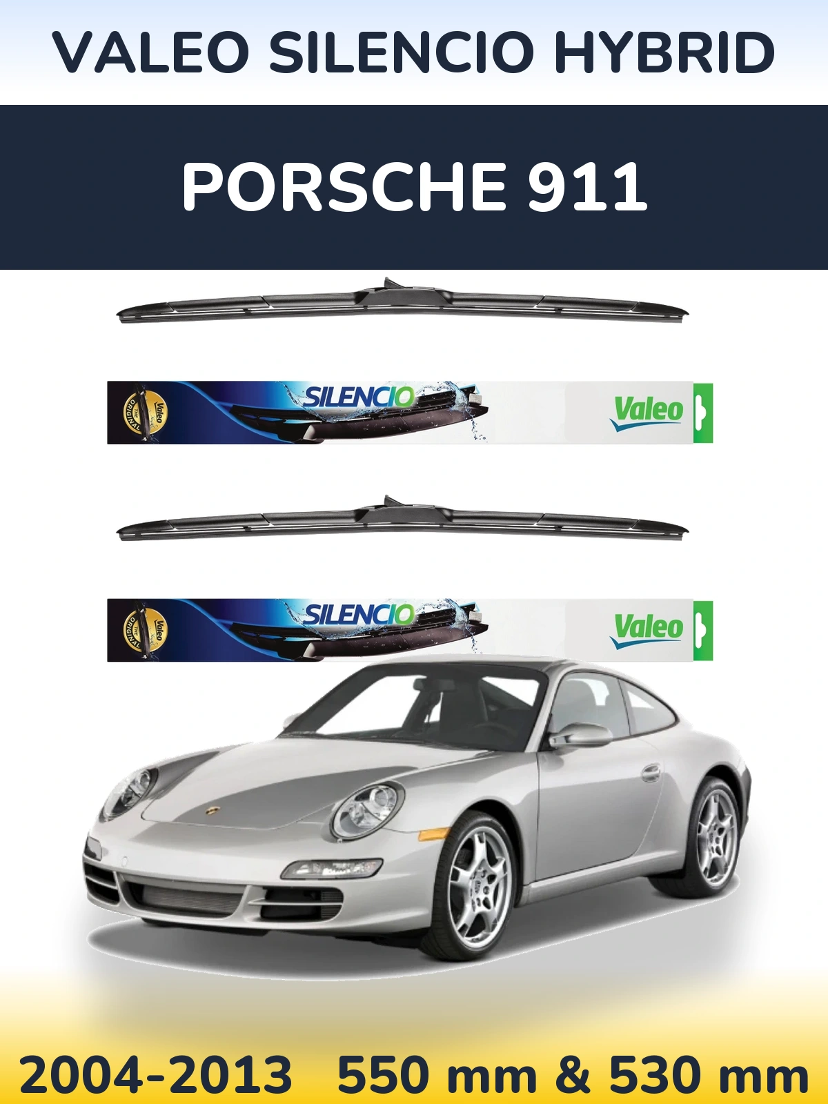 Sada předních stěračů Valeo Silencio Hybrid 550 a 530 mm pro Porsche 911 2004-2013