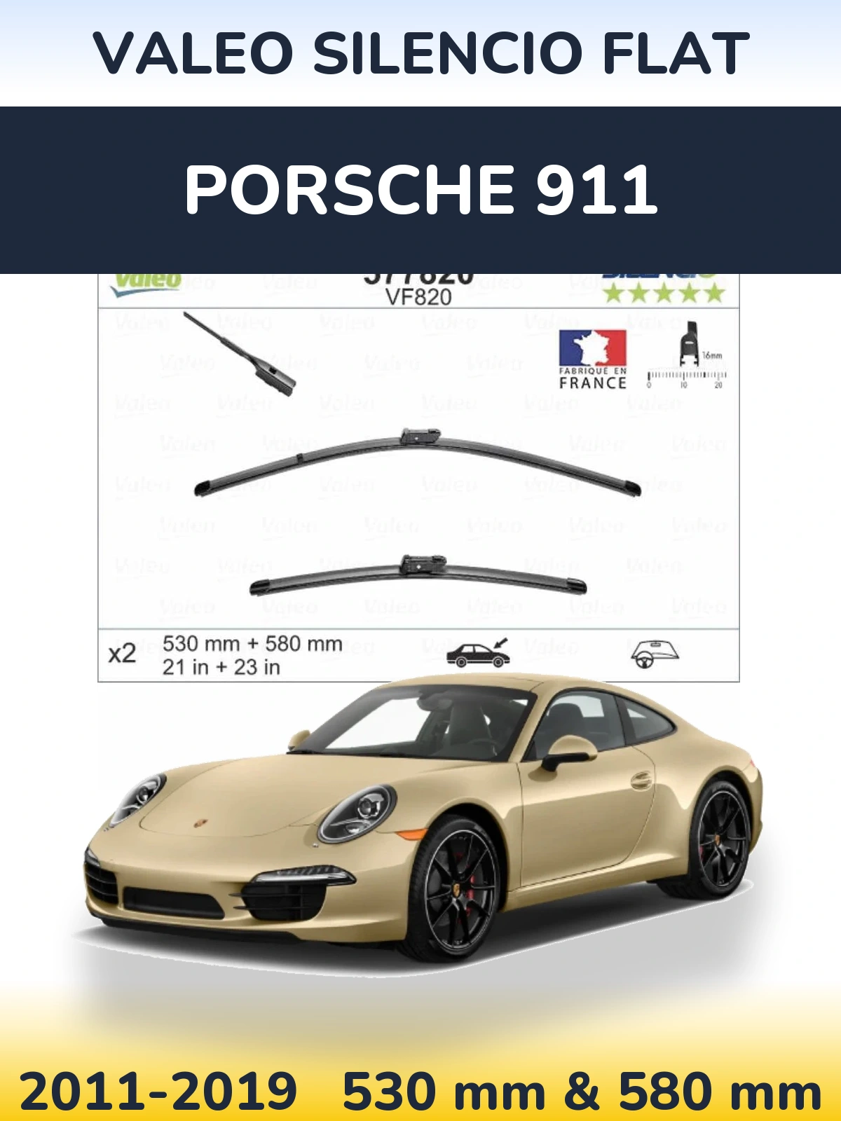 Sada předních stěračů Valeo Silencio Flat 530 a 580 mm pro Porsche 911 2011-2019