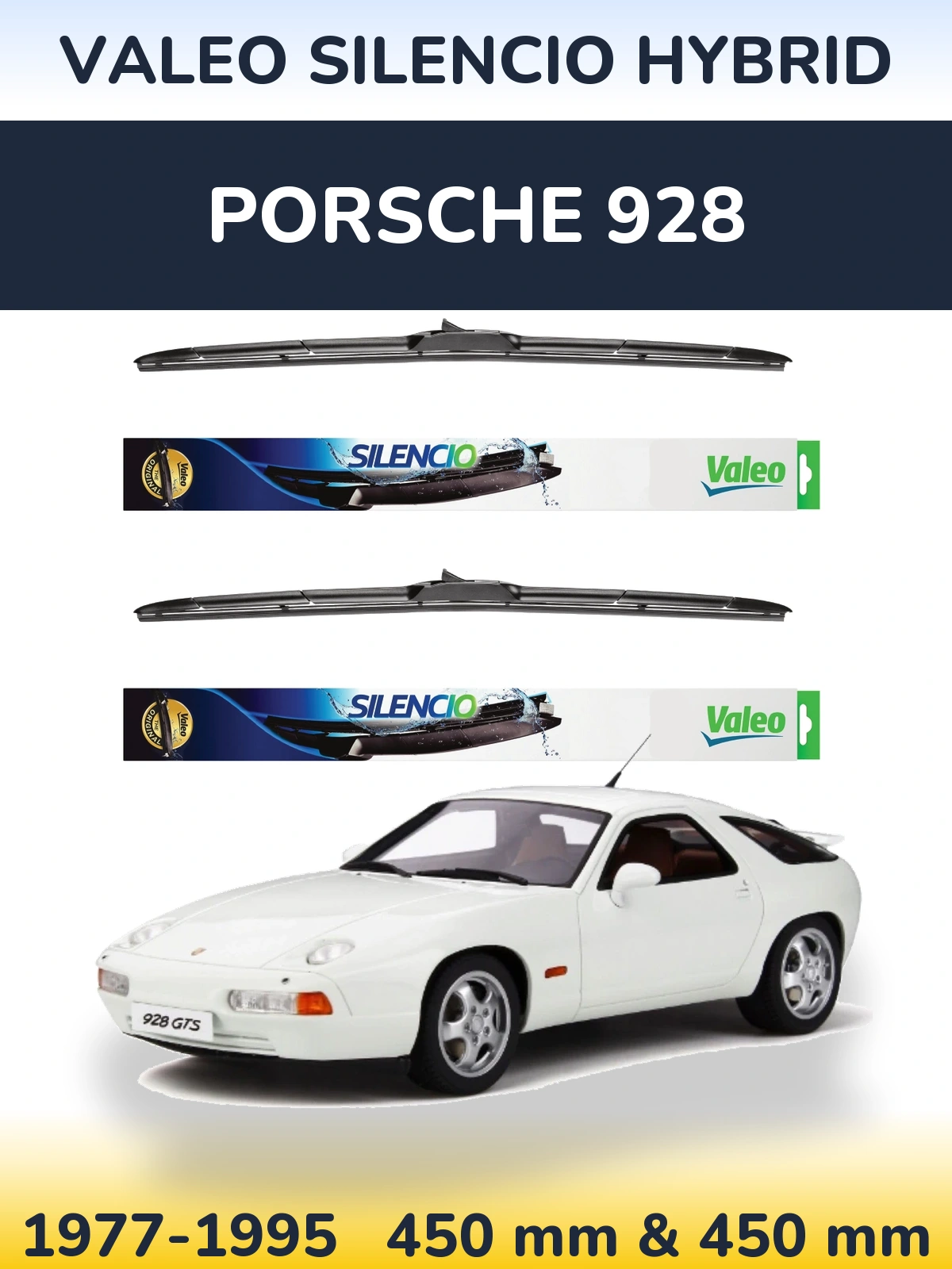 Sada předních stěračů Valeo Silencio Hybrid 450 a 450 mm pro Porsche 928 1977-1995