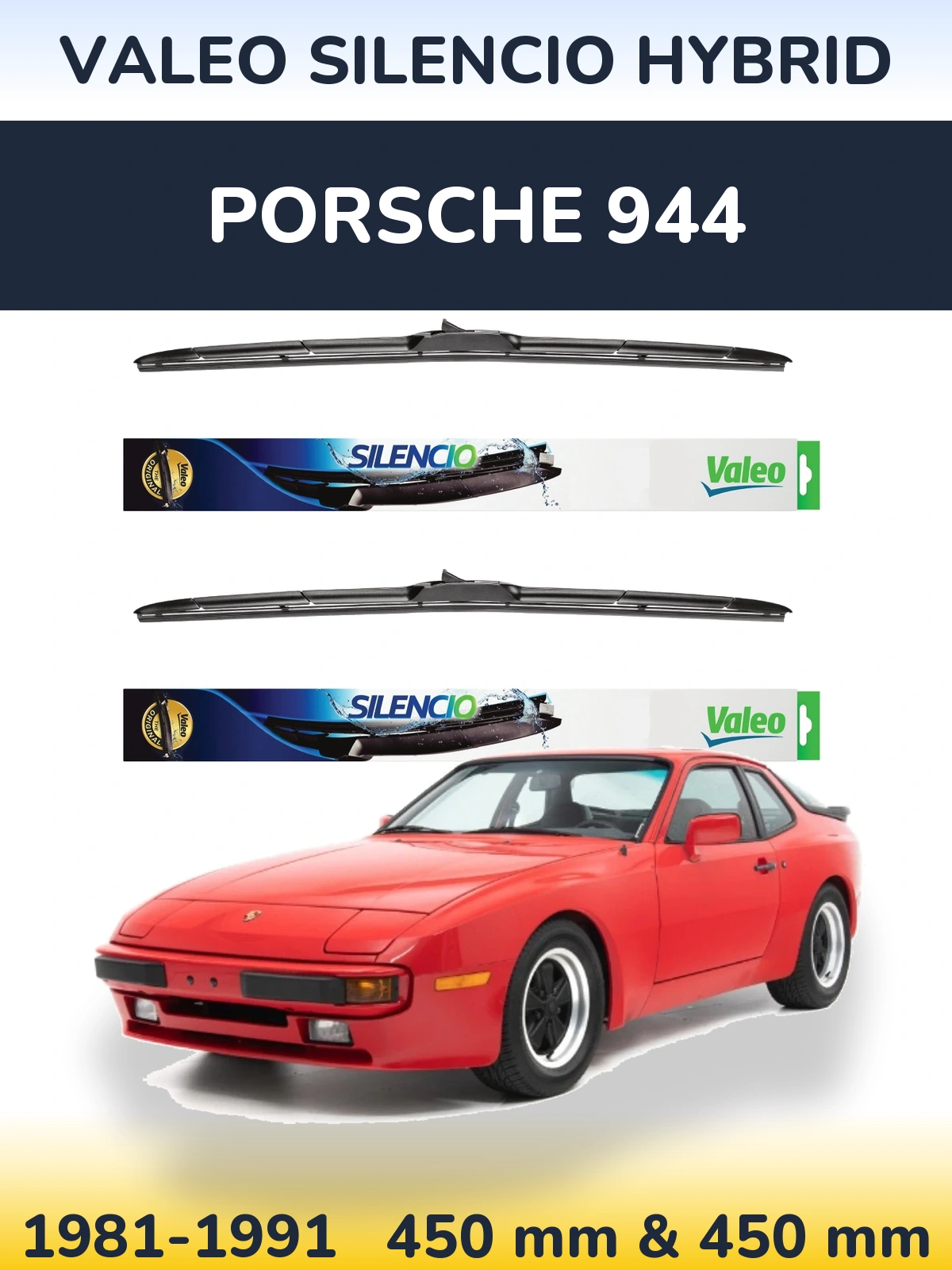 Sada předních stěračů Valeo Silencio Hybrid 450 a 450 mm pro Porsche 944 1981-1991