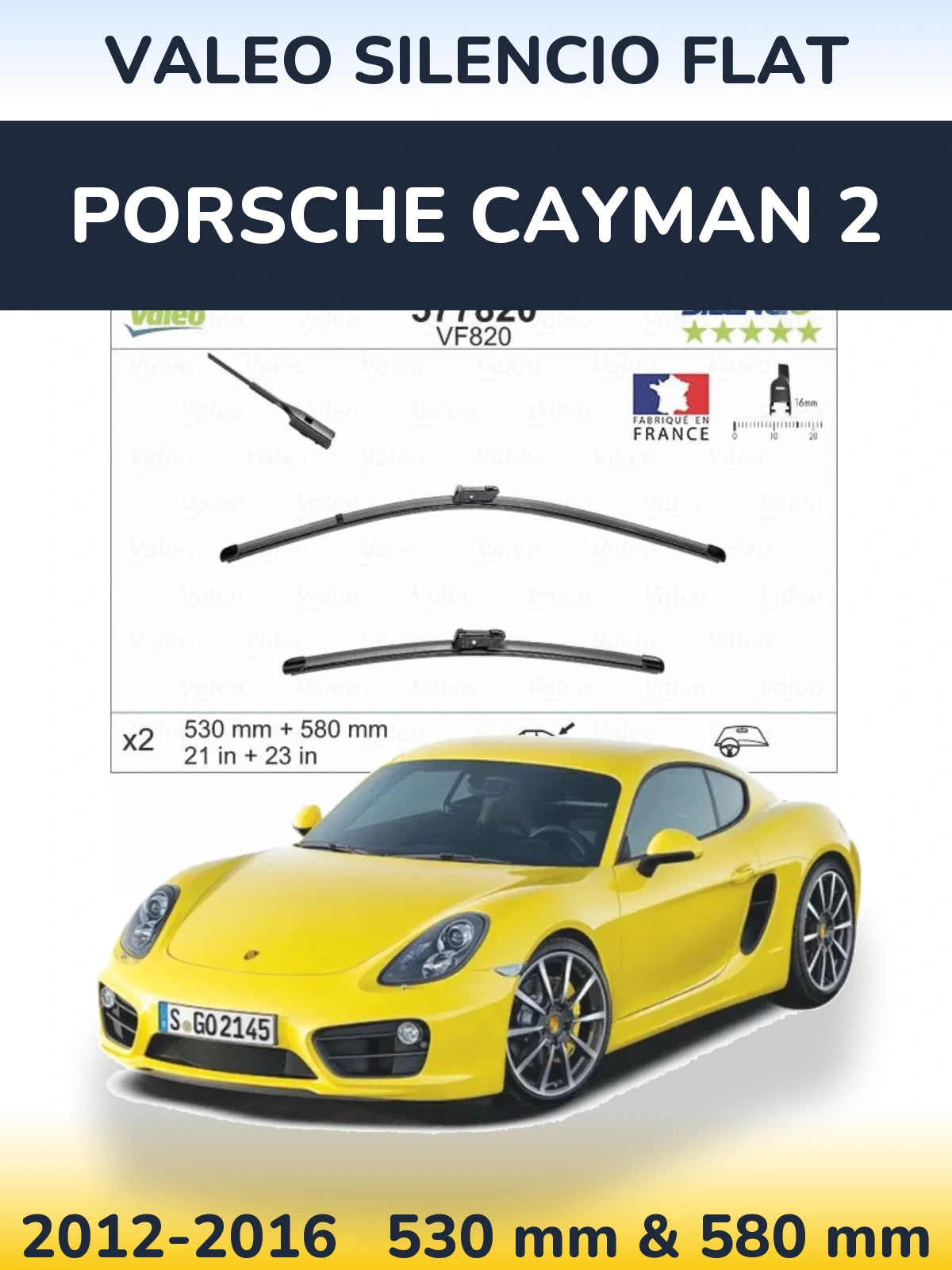 Sada předních stěračů Valeo Silencio Flat 530 a 580 mm pro Porsche Cayman 2 2012-2016