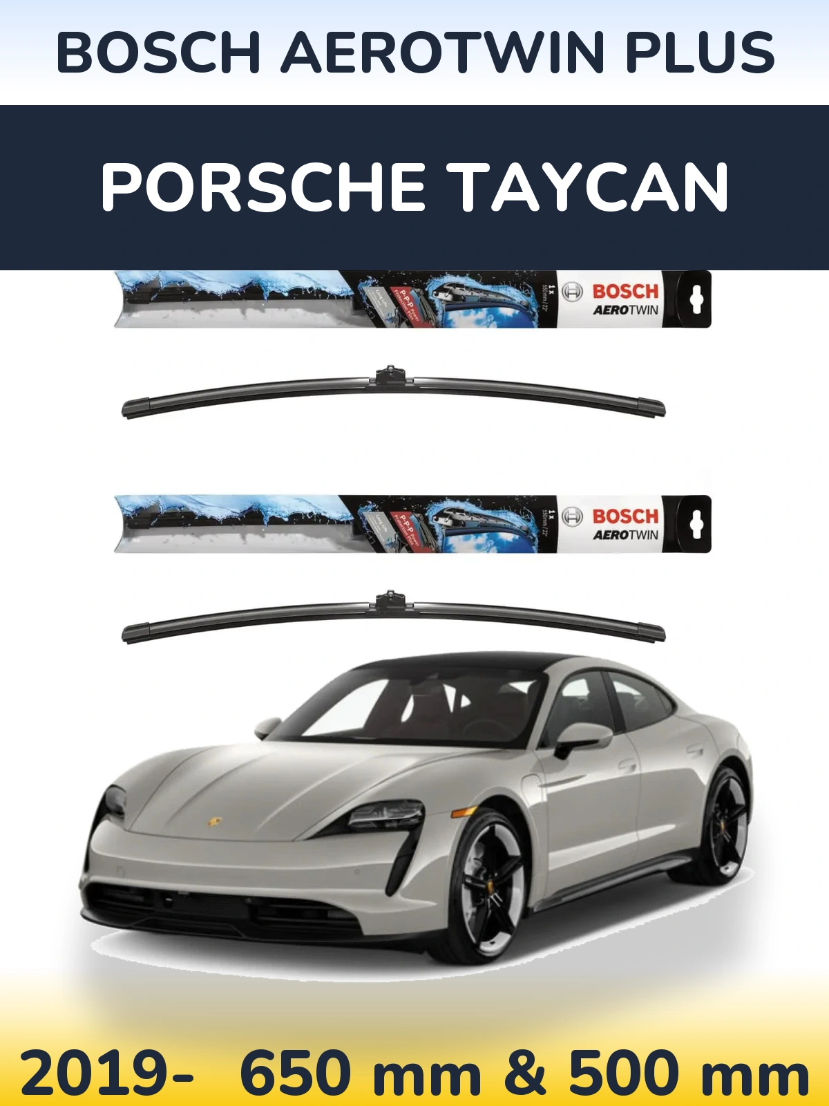 Sada předních stěračů BOSCH AeroTwin Plus 650 a 500 mm pro Porsche Taycan 2019-2026