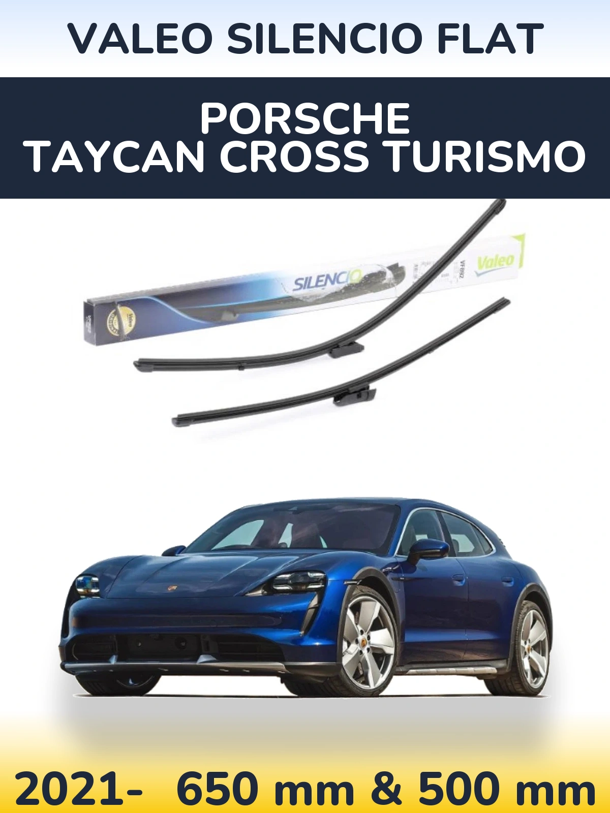 Sada předních stěračů Valeo Silencio Flat 630 a 500 mm pro Porsche Taycan Cross Turismo 2021-2026