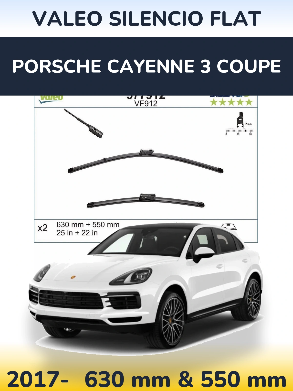 Sada předních stěračů Valeo Silencio Flat 630 a 550 mm pro Porsche Cayenne 3 Coupe 2017-2026